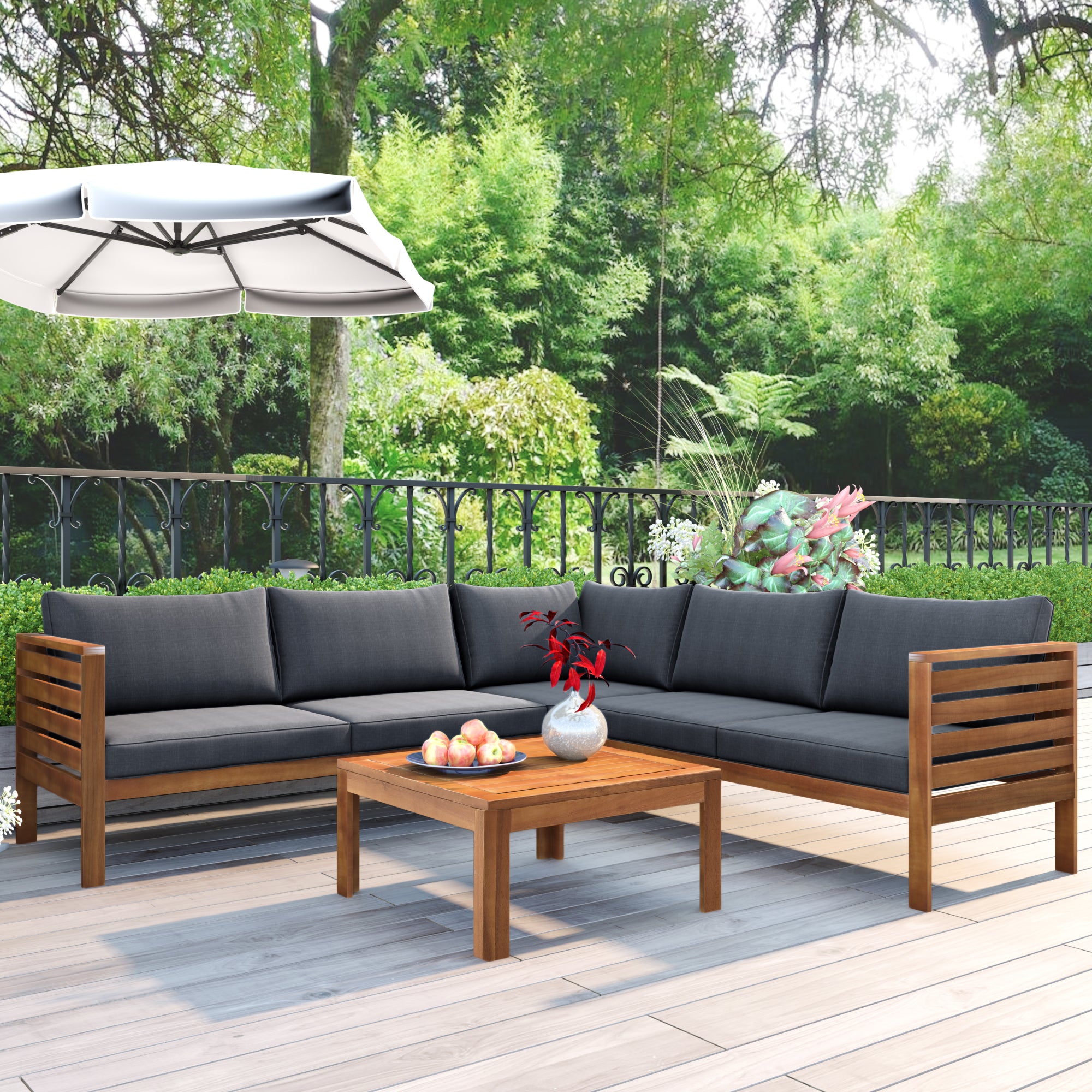 4-piece Outdoor Solid Wood  Symmetrical Patio Sofa Set with Table and Cushions