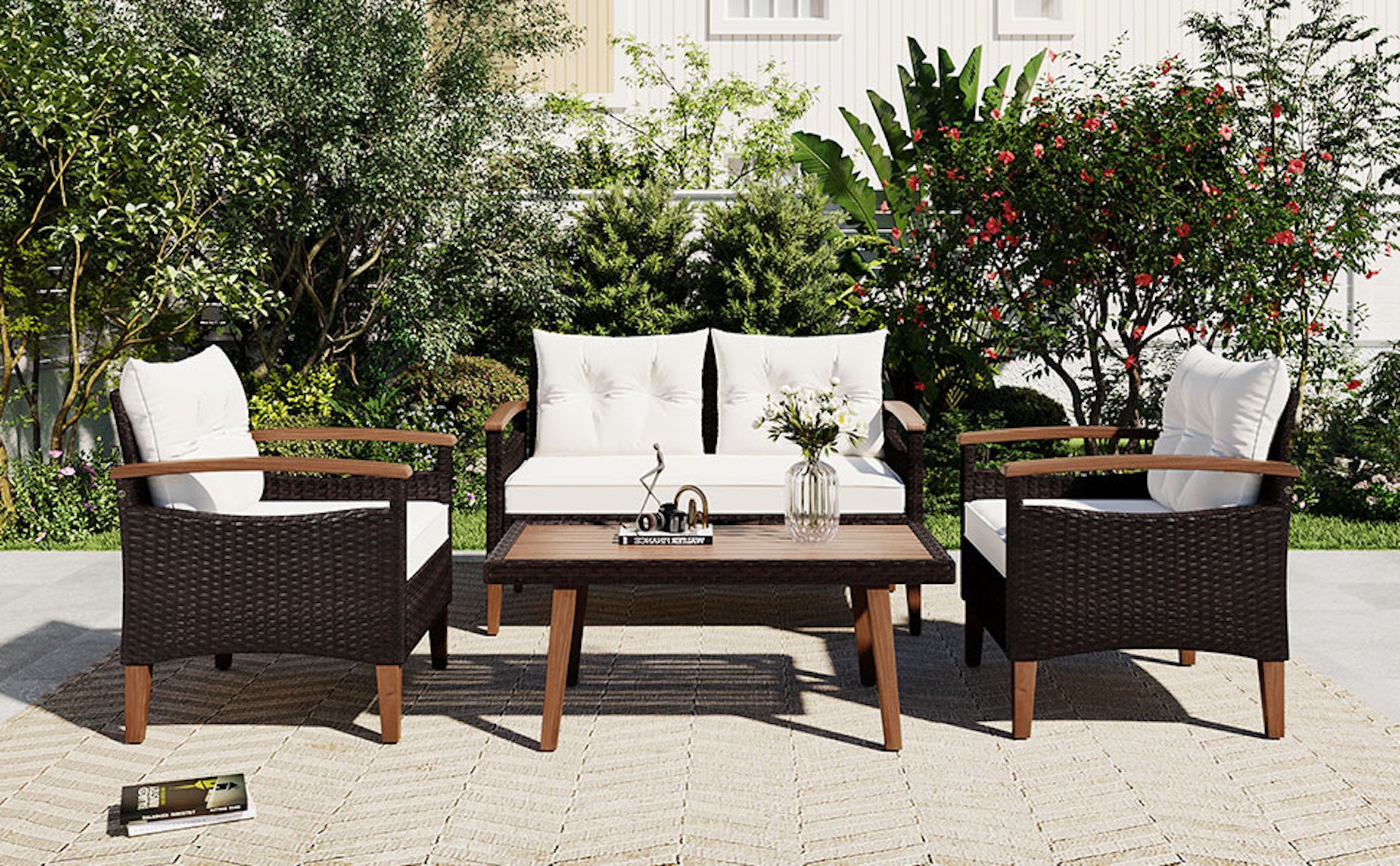 4-piece Outdoor Solid Wood  Symmetrical Patio Sofa Set with Table and Cushions