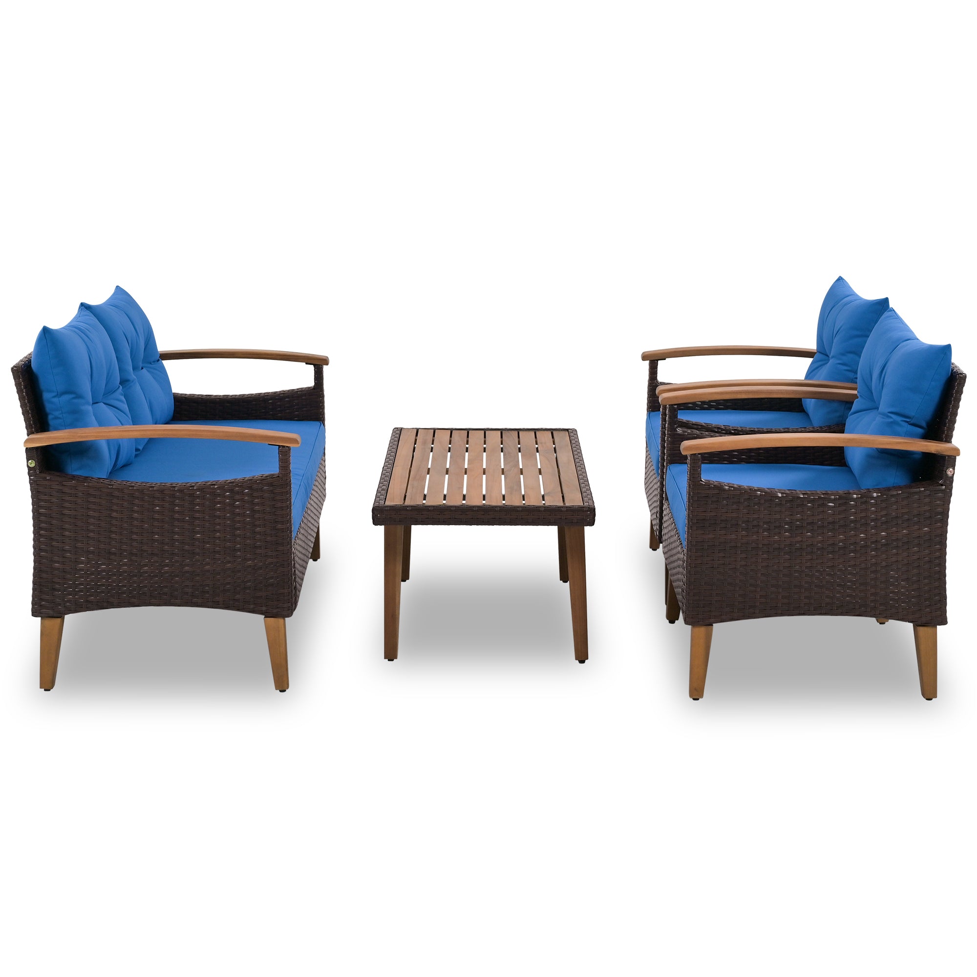 4-Piece PE Rattan Outdoor Sofa Set with Cushions, Wood Table and Legs BOGOPS13BL