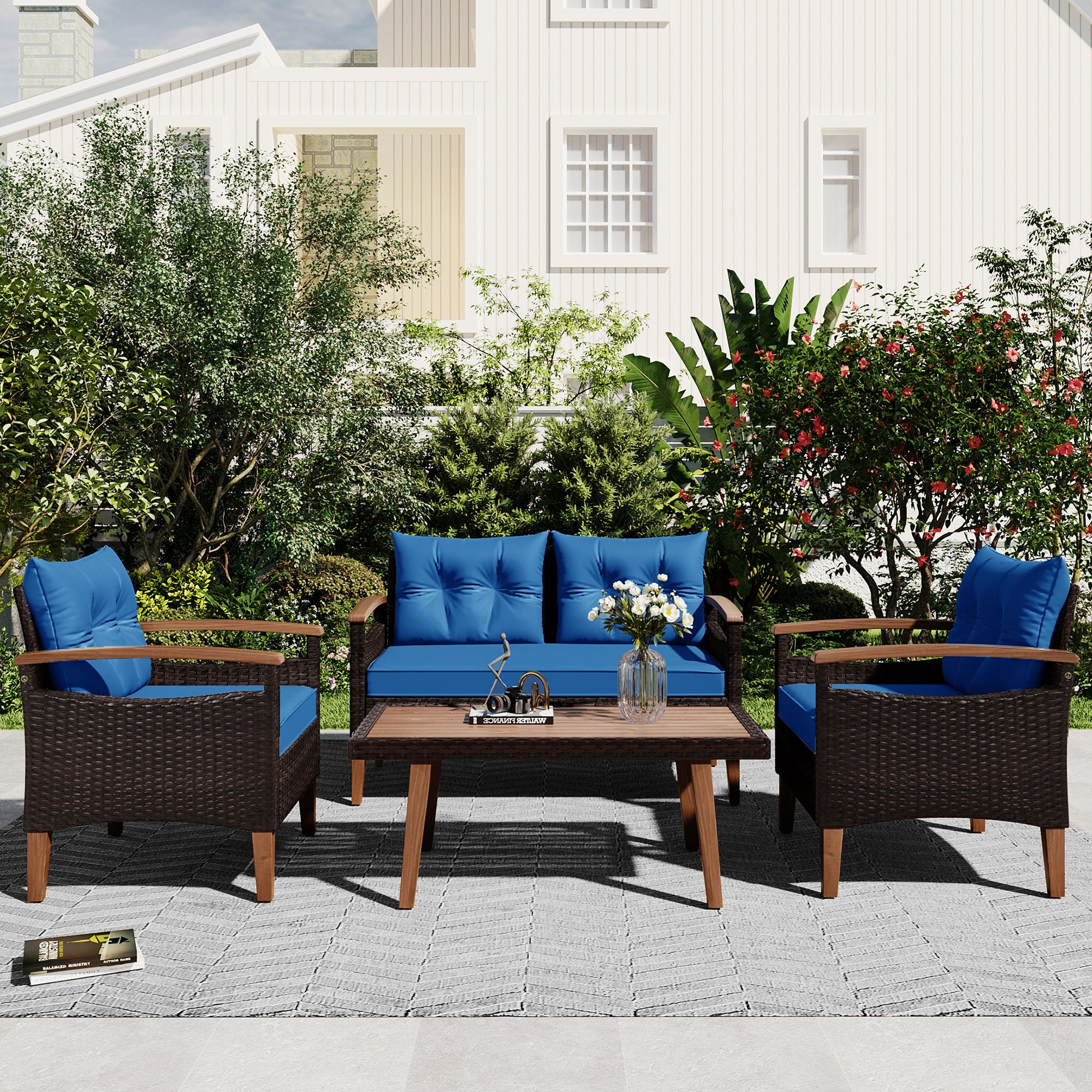 4-Piece PE Rattan Outdoor Sofa Set with Cushions, Wood Table and Legs BOGOPS13BL
