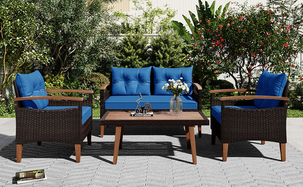 4-Piece PE Rattan Outdoor Sofa Set with Cushions, Wood Table and Legs BOGOPS13BL
