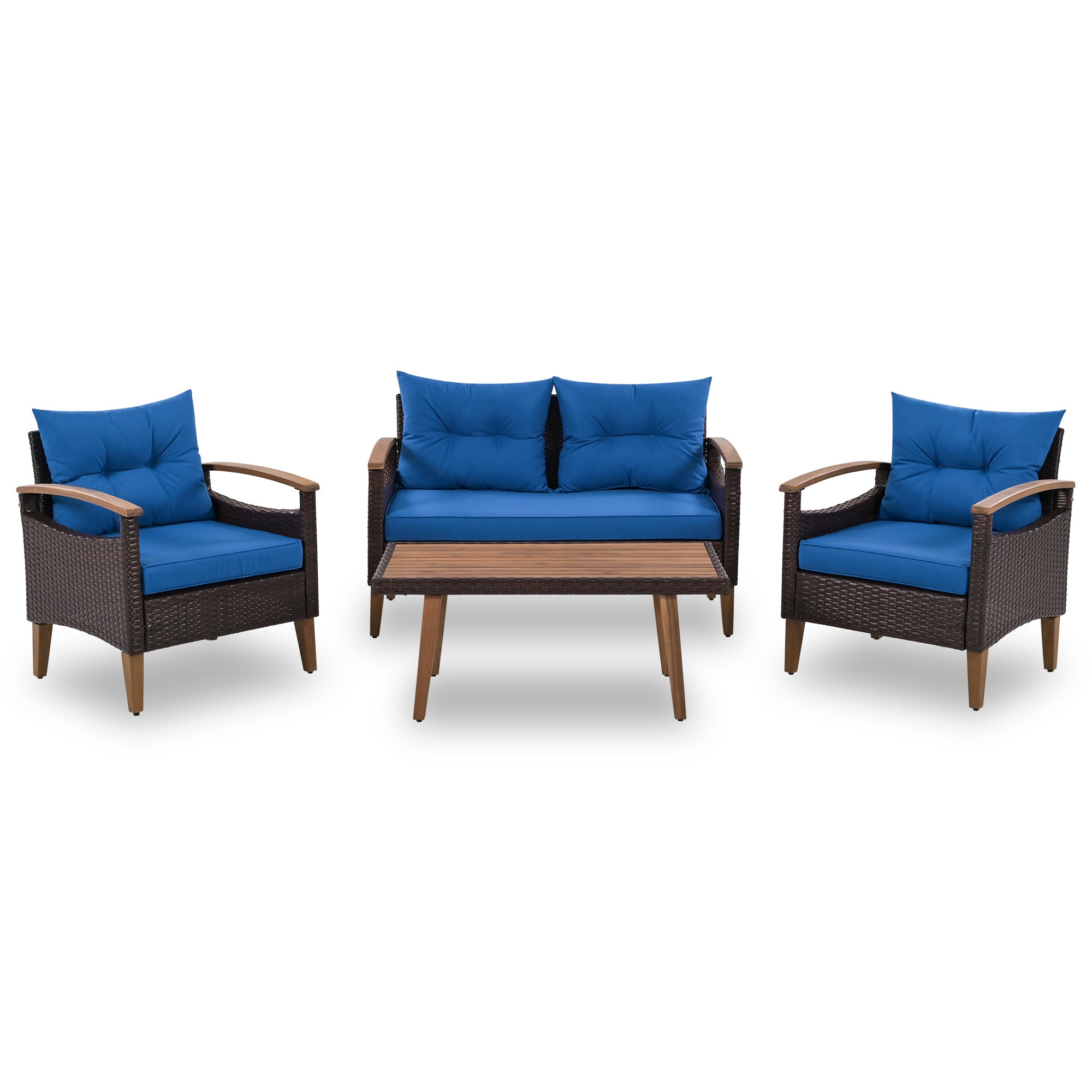 4-Piece PE Rattan Outdoor Sofa Set with Cushions, Wood Table and Legs BOGOPS13BL