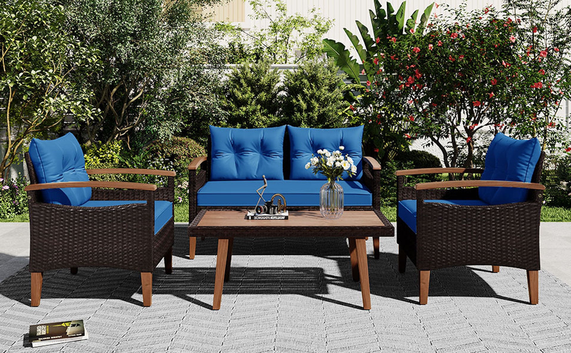 4-piece Outdoor Solid Wood  Symmetrical Patio Sofa Set with Table and Cushions