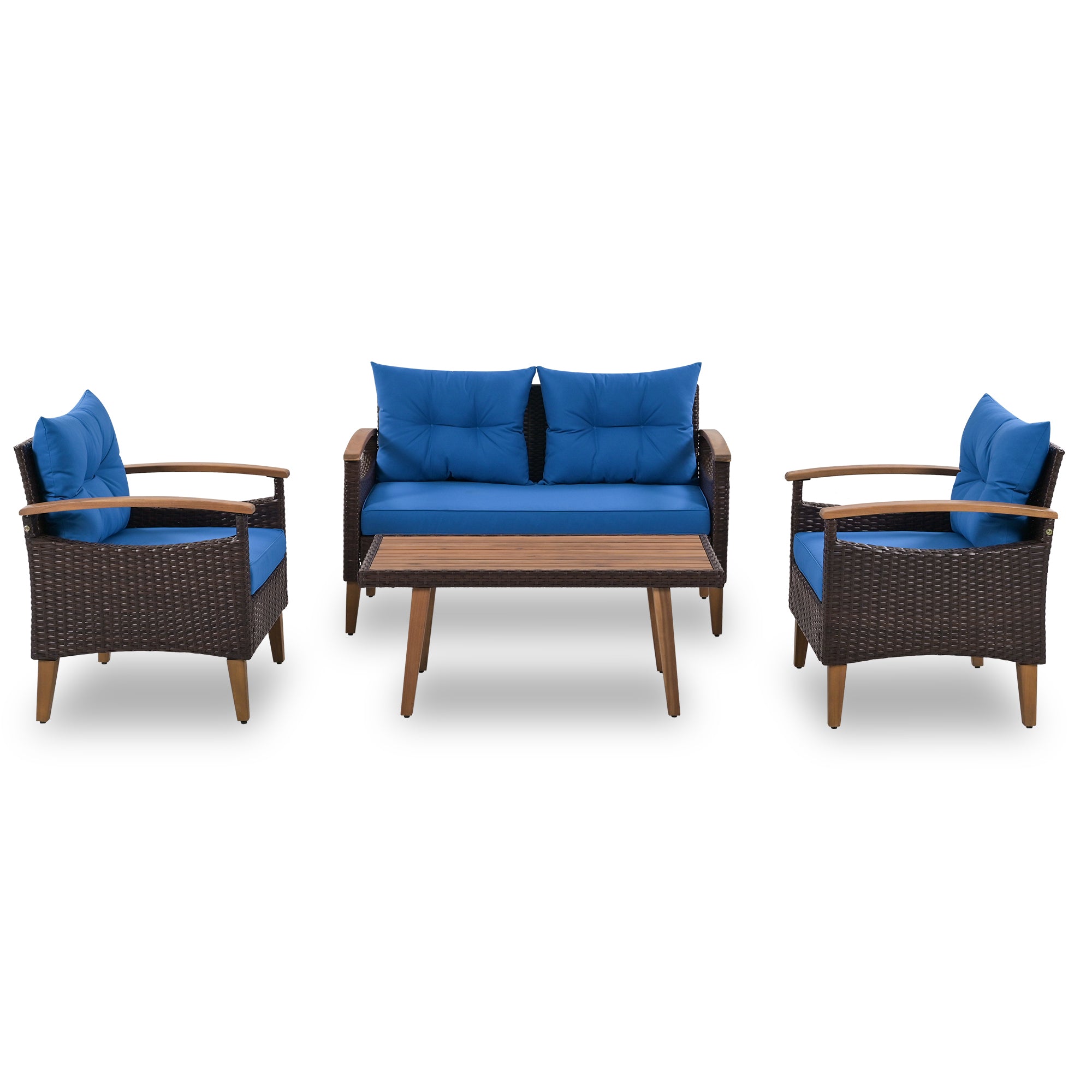 4-piece Outdoor Solid Wood  Symmetrical Patio Sofa Set with Table and Cushions