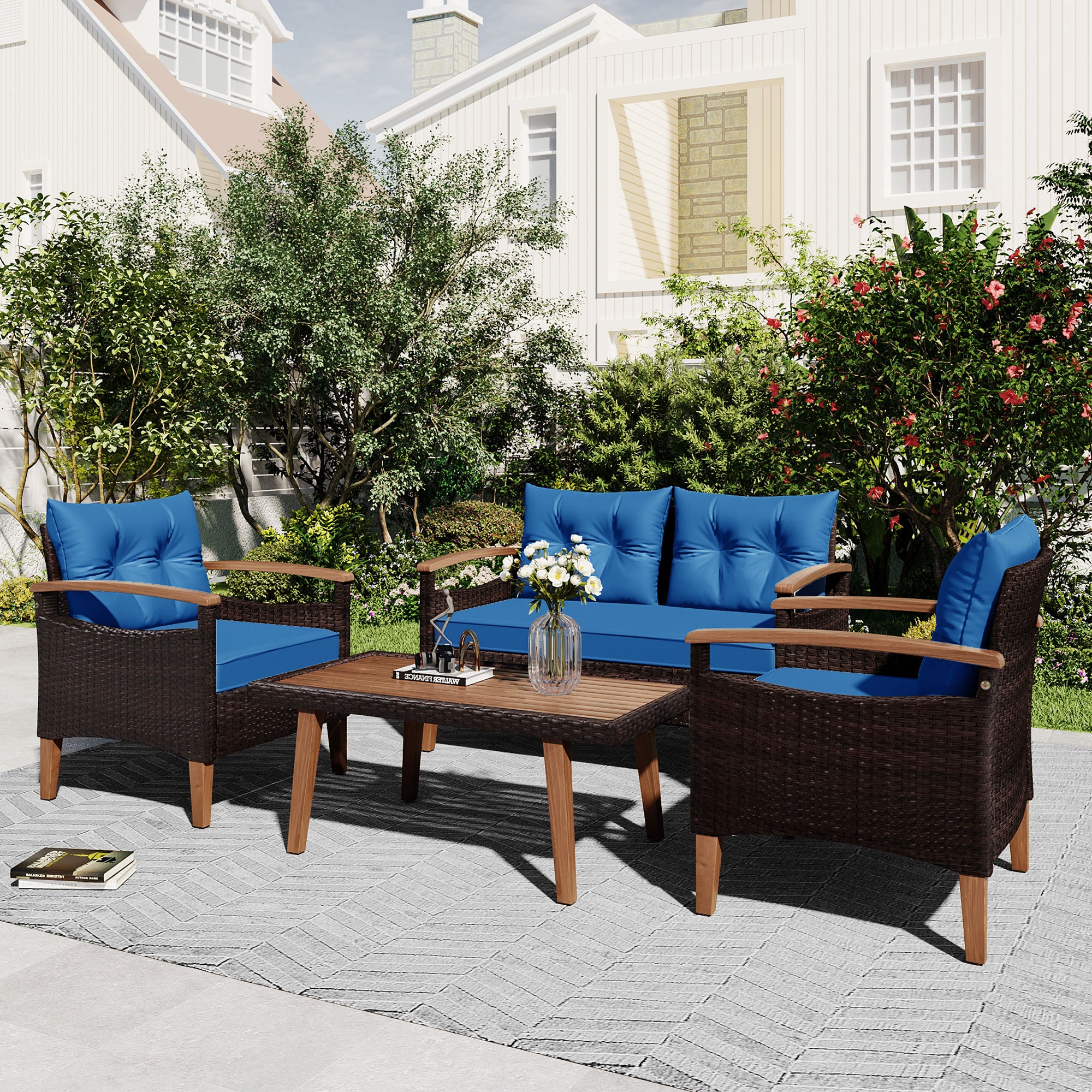 4-piece Outdoor Solid Wood  Symmetrical Patio Sofa Set with Table and Cushions