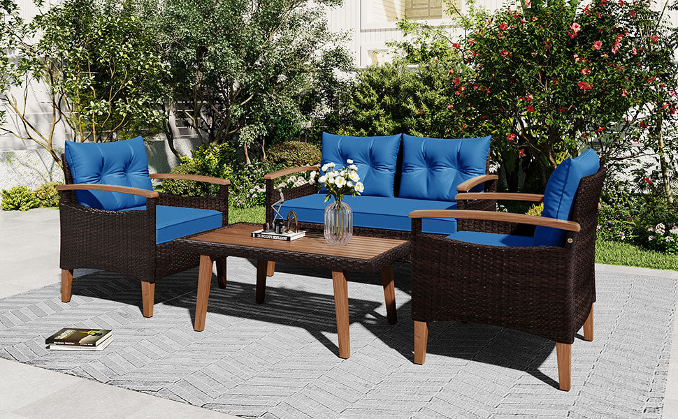 4-piece Outdoor Solid Wood  Symmetrical Patio Sofa Set with Table and Cushions