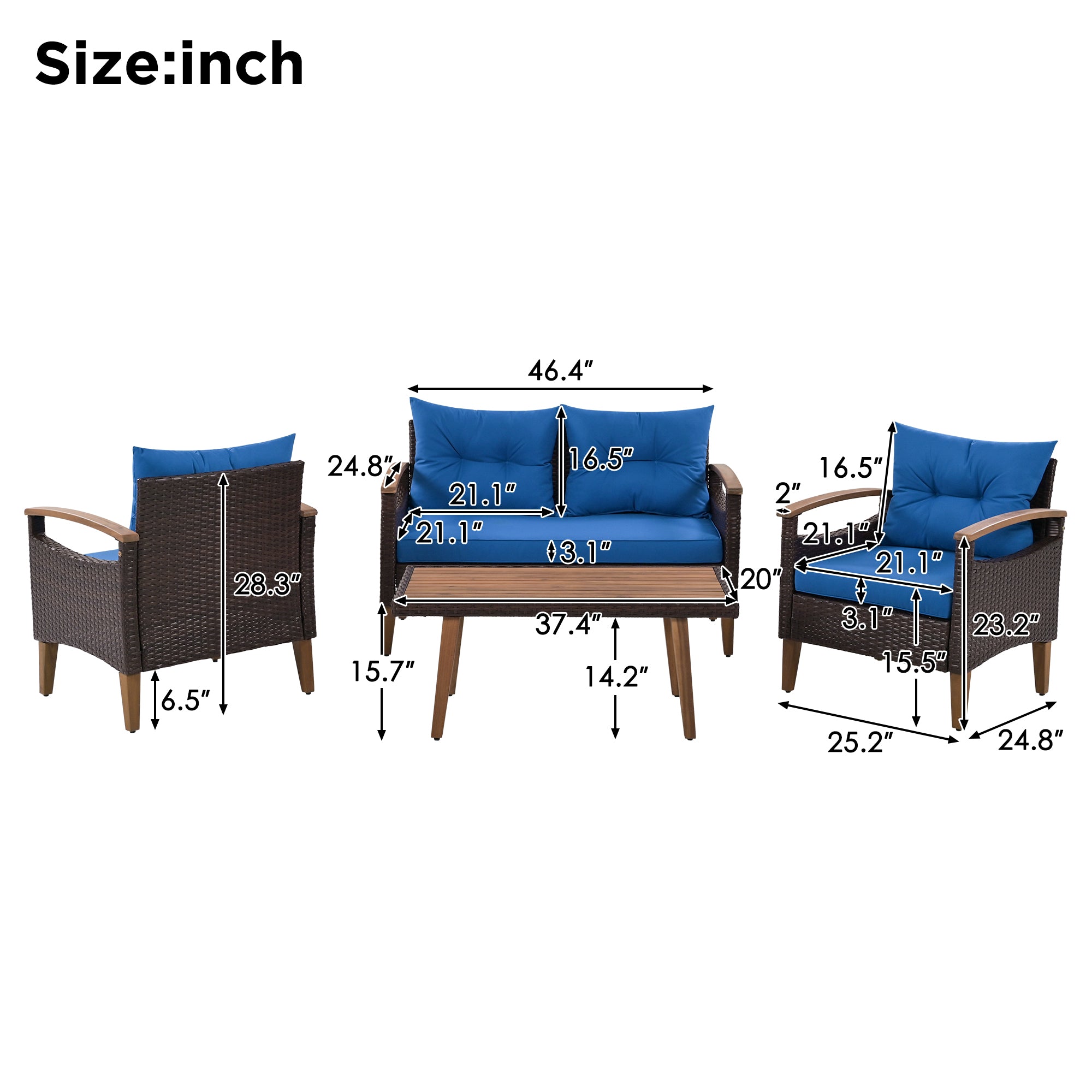 4-piece Outdoor Solid Wood  Symmetrical Patio Sofa Set with Table and Cushions