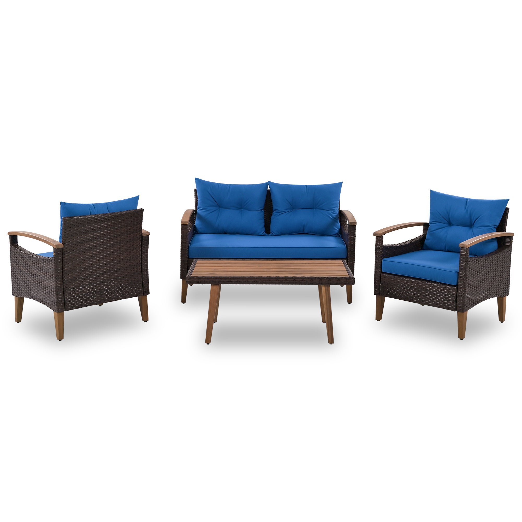 4-piece Outdoor Solid Wood  Symmetrical Patio Sofa Set with Table and Cushions