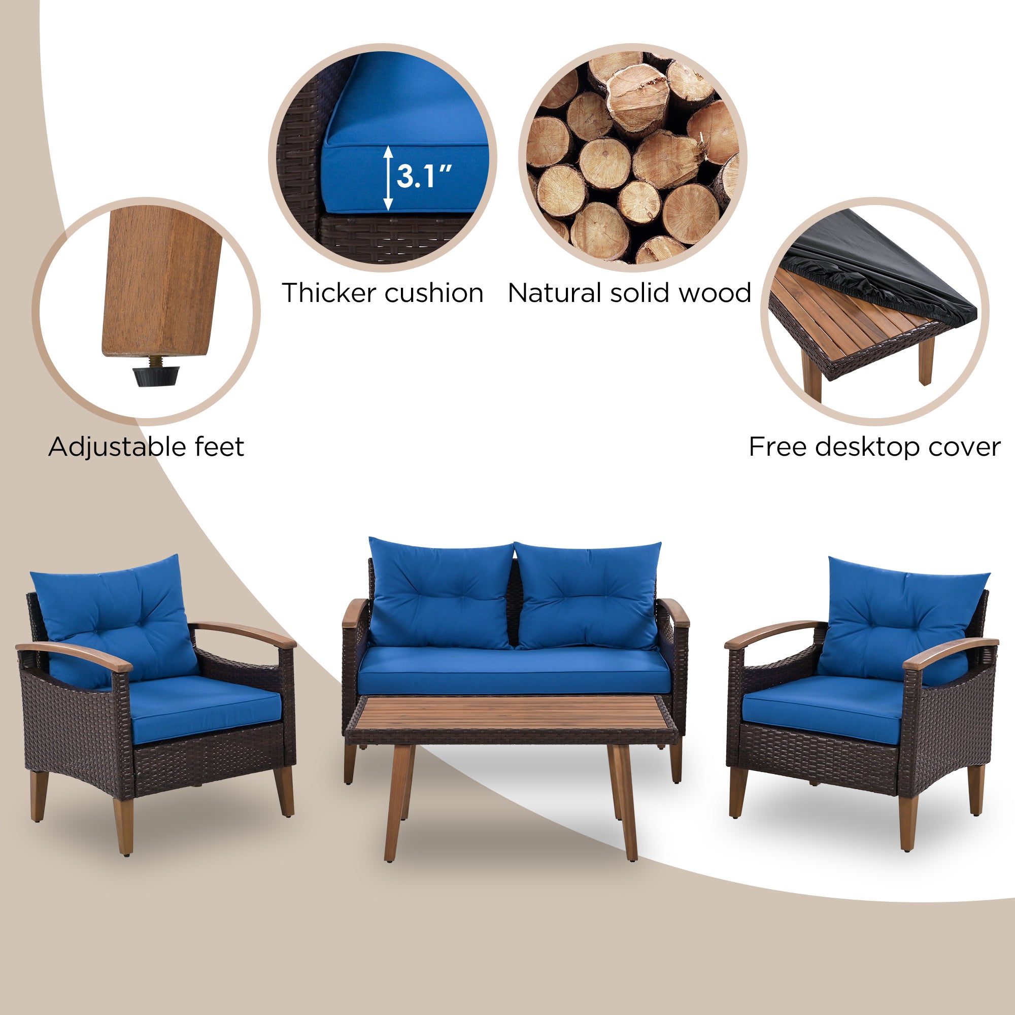 4-piece Outdoor Solid Wood  Symmetrical Patio Sofa Set with Table and Cushions