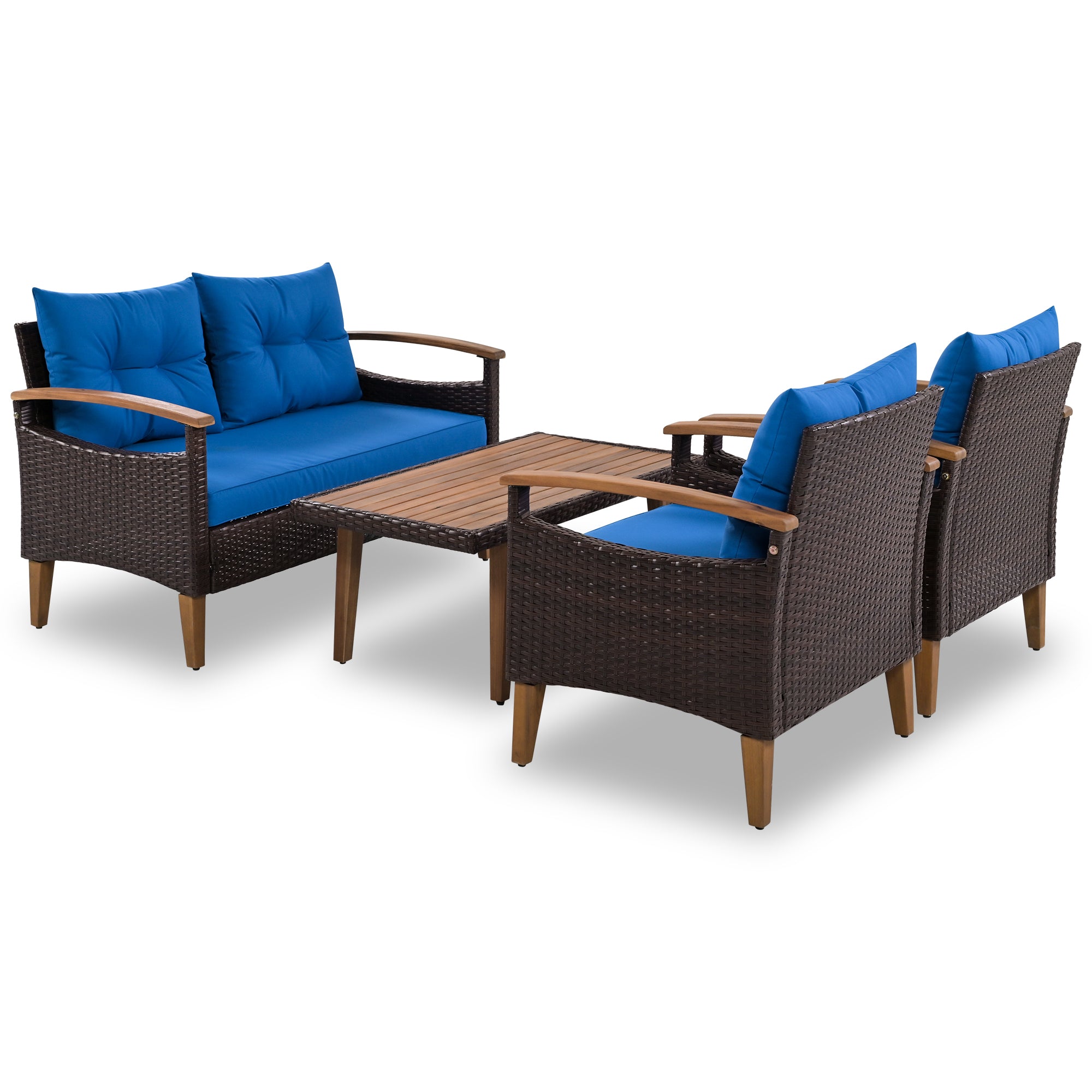 4-piece Outdoor Solid Wood  Symmetrical Patio Sofa Set with Table and Cushions
