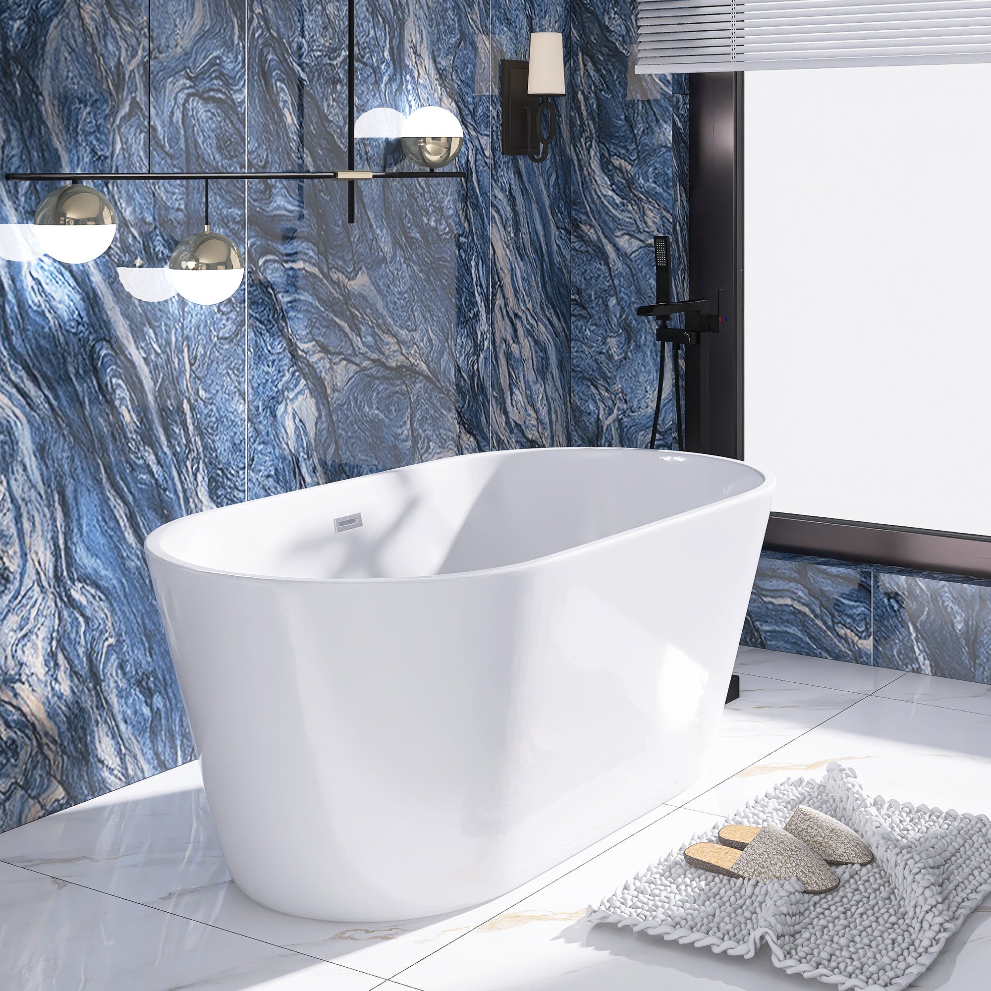 Staykiwi Acrylic Freestanding Soaking Bathtub in Glossy White with Chrome Drain