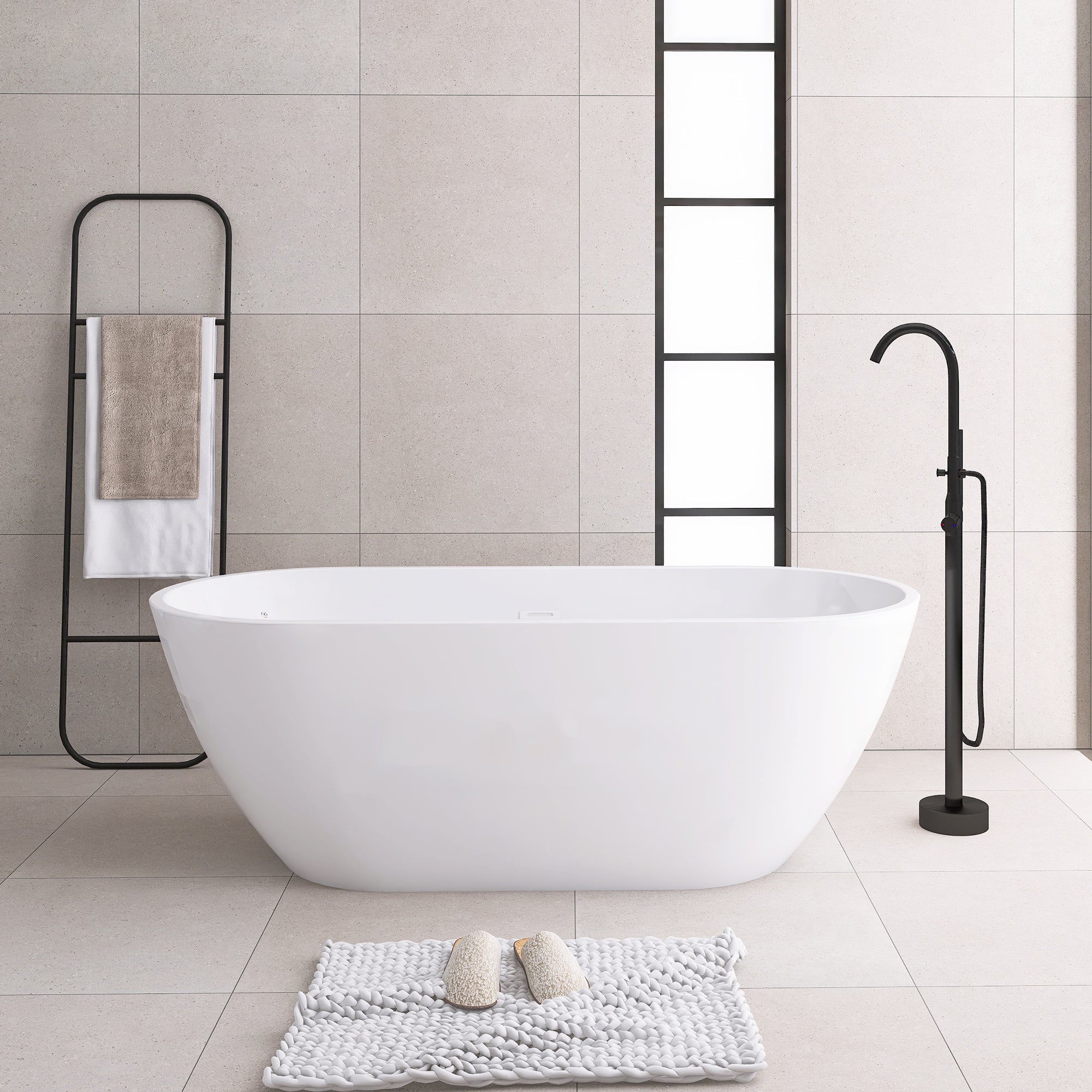 Staykiwi Acrylic Freestanding Soaking Bathtub in Glossy White with Chrome Drain