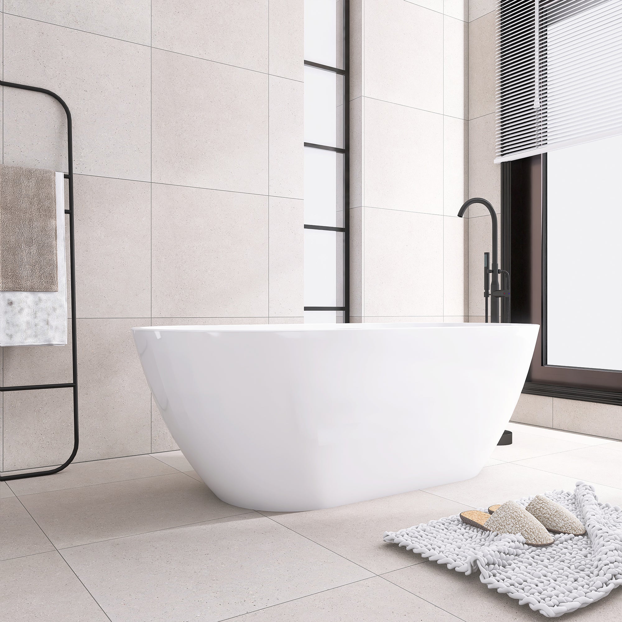 Staykiwi Acrylic Freestanding Soaking Bathtub in Glossy White with Chrome Drain