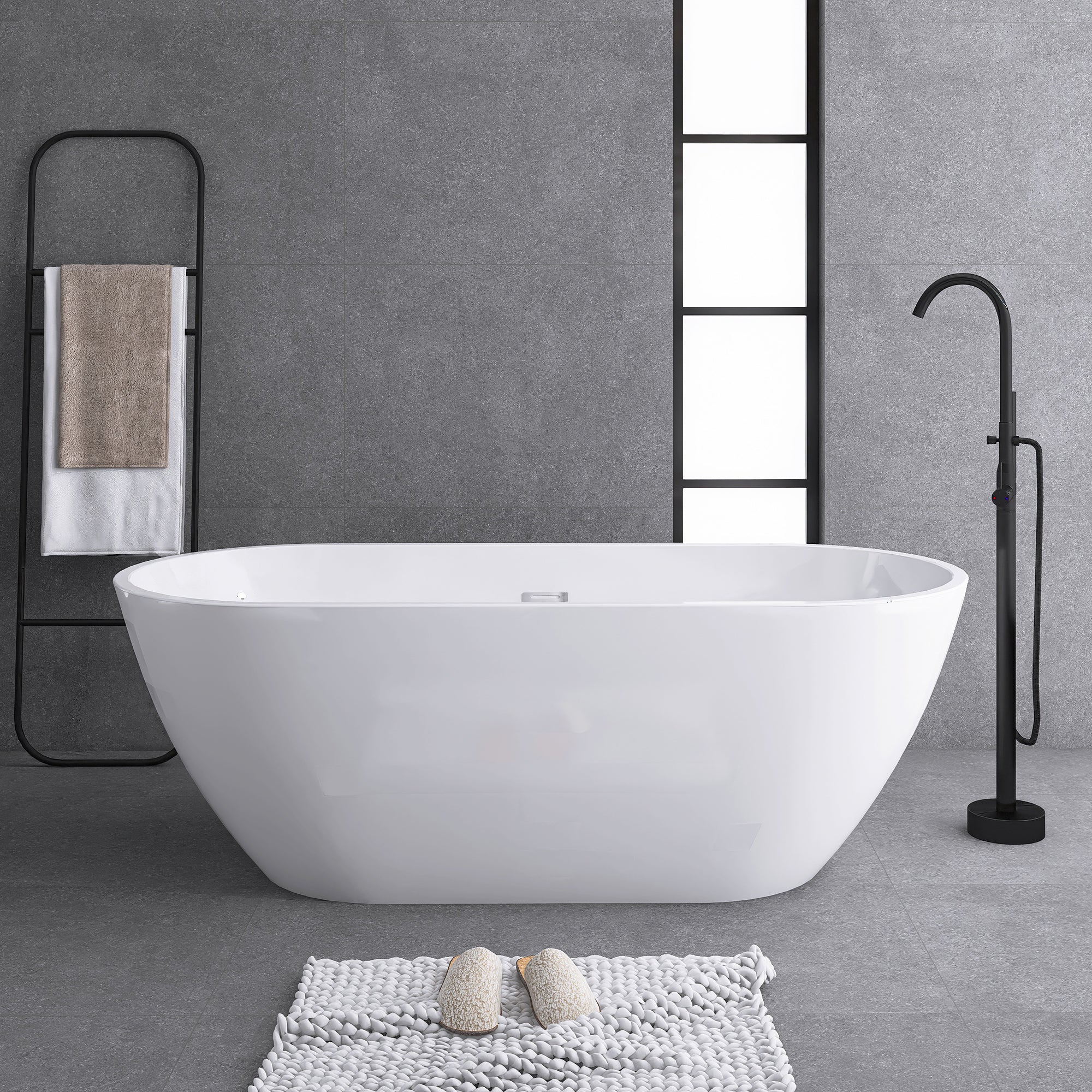 Staykiwi Acrylic Freestanding Soaking Bathtub in Glossy White with Chrome Drain