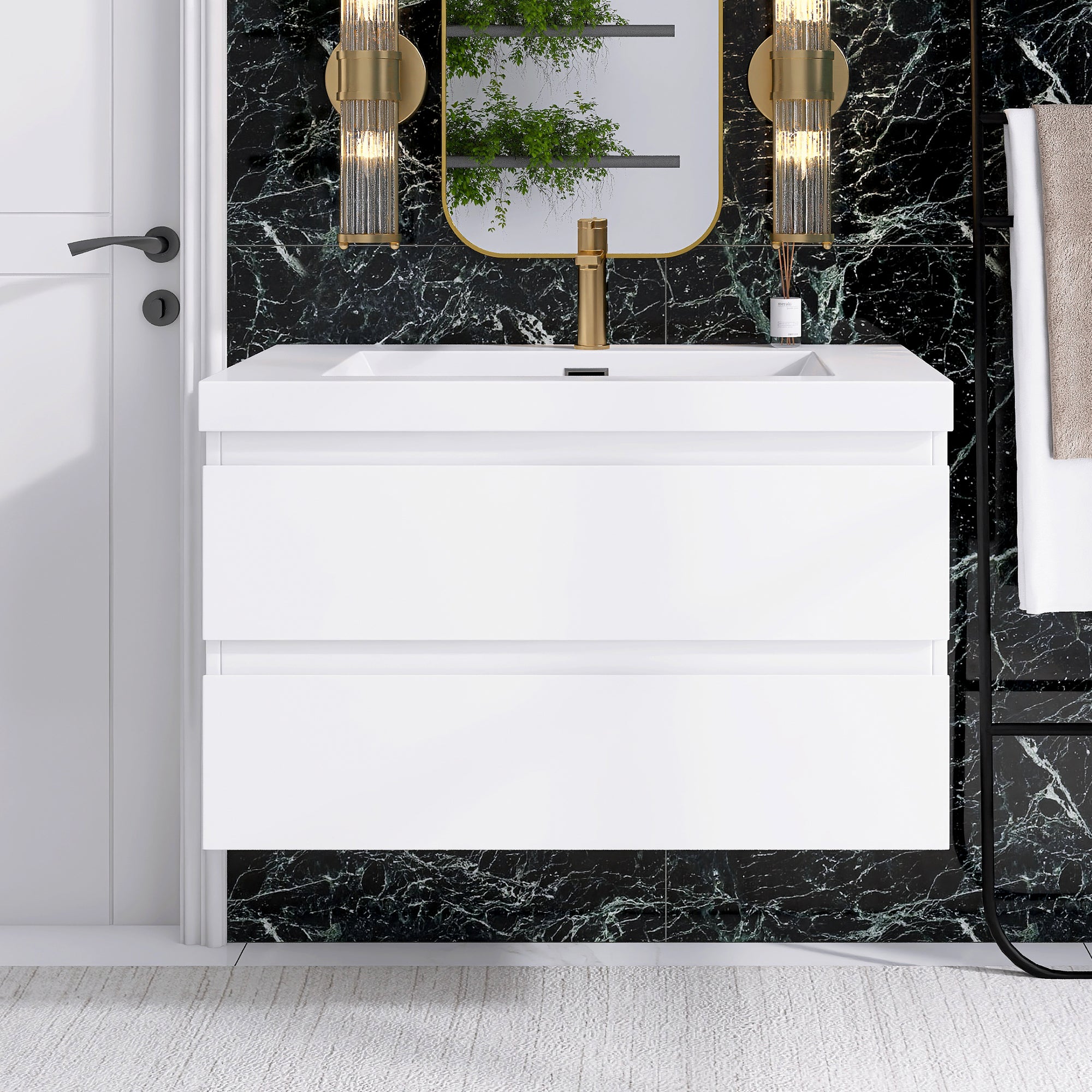 24"/30"/36"/48" Wall-Mounted 2-drawer Bathroom Vanity Set with Integrated Resin Sink