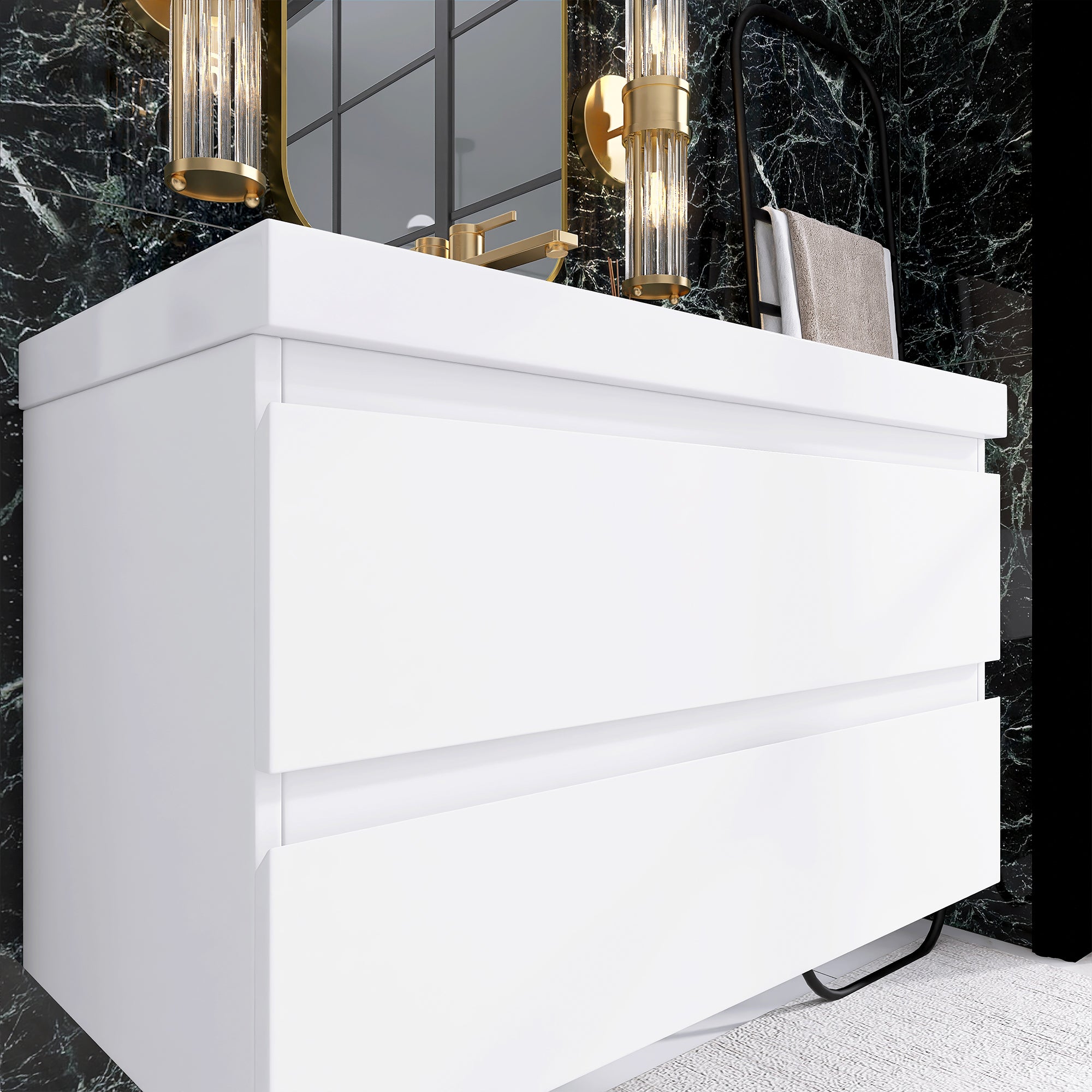 24"/30"/36"/48" Wall-Mounted 2-drawer Bathroom Vanity Set with Integrated Resin Sink