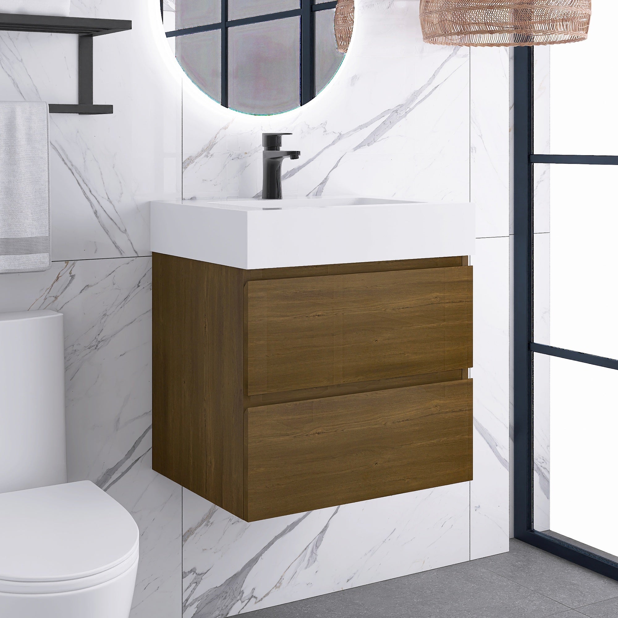 Wall-Mounted Bathroom Vanity Set with 2 Drawers and Solid surface Sink