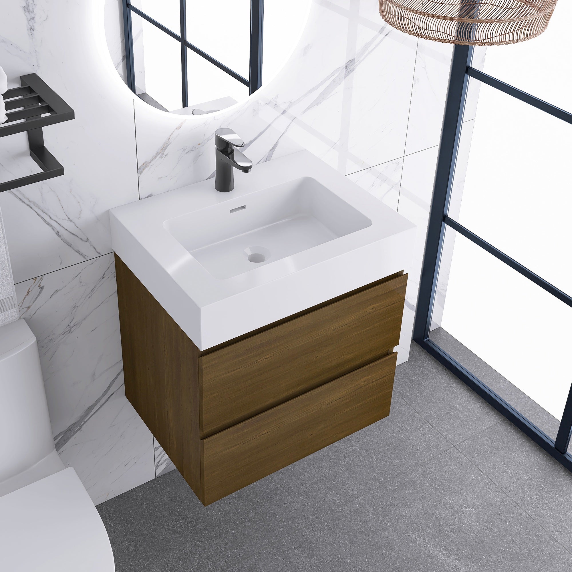 Wall-Mounted Bathroom Vanity Set with 2 Drawers and Solid surface Sink