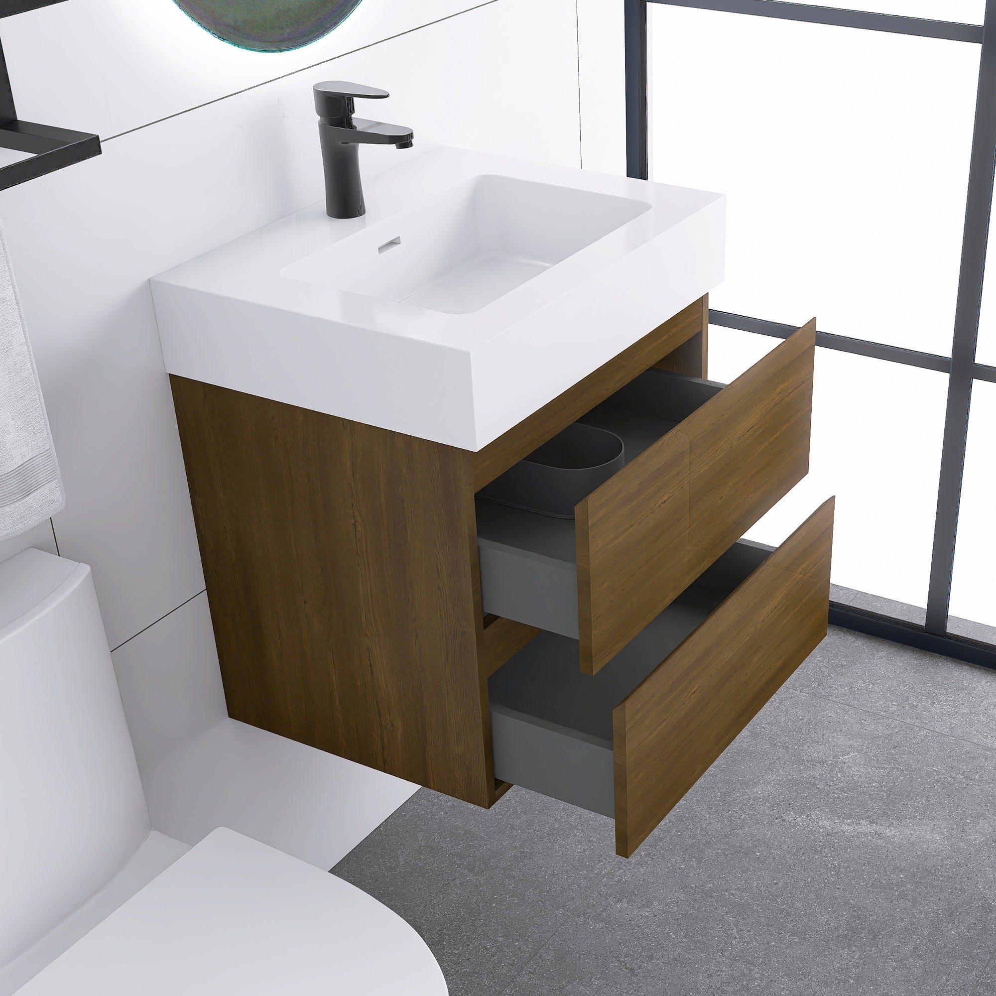 Wall-Mounted Bathroom Vanity Set with 2 Drawers and Solid surface Sink