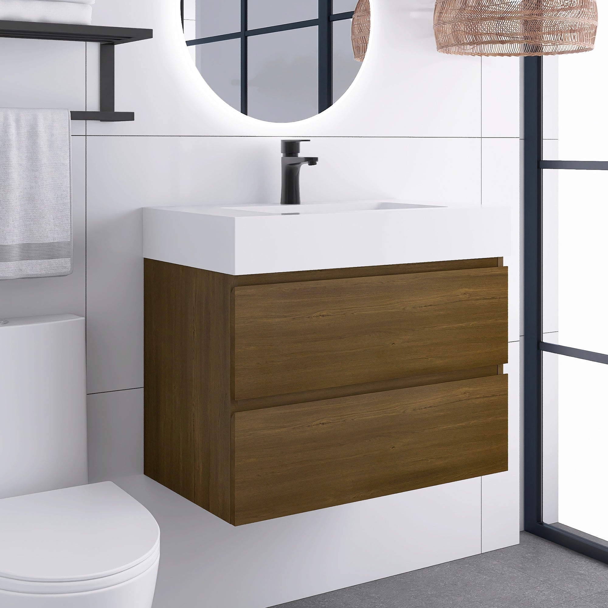 Wall-Mounted Bathroom Vanity Set with 2 Drawers and Solid surface Sink