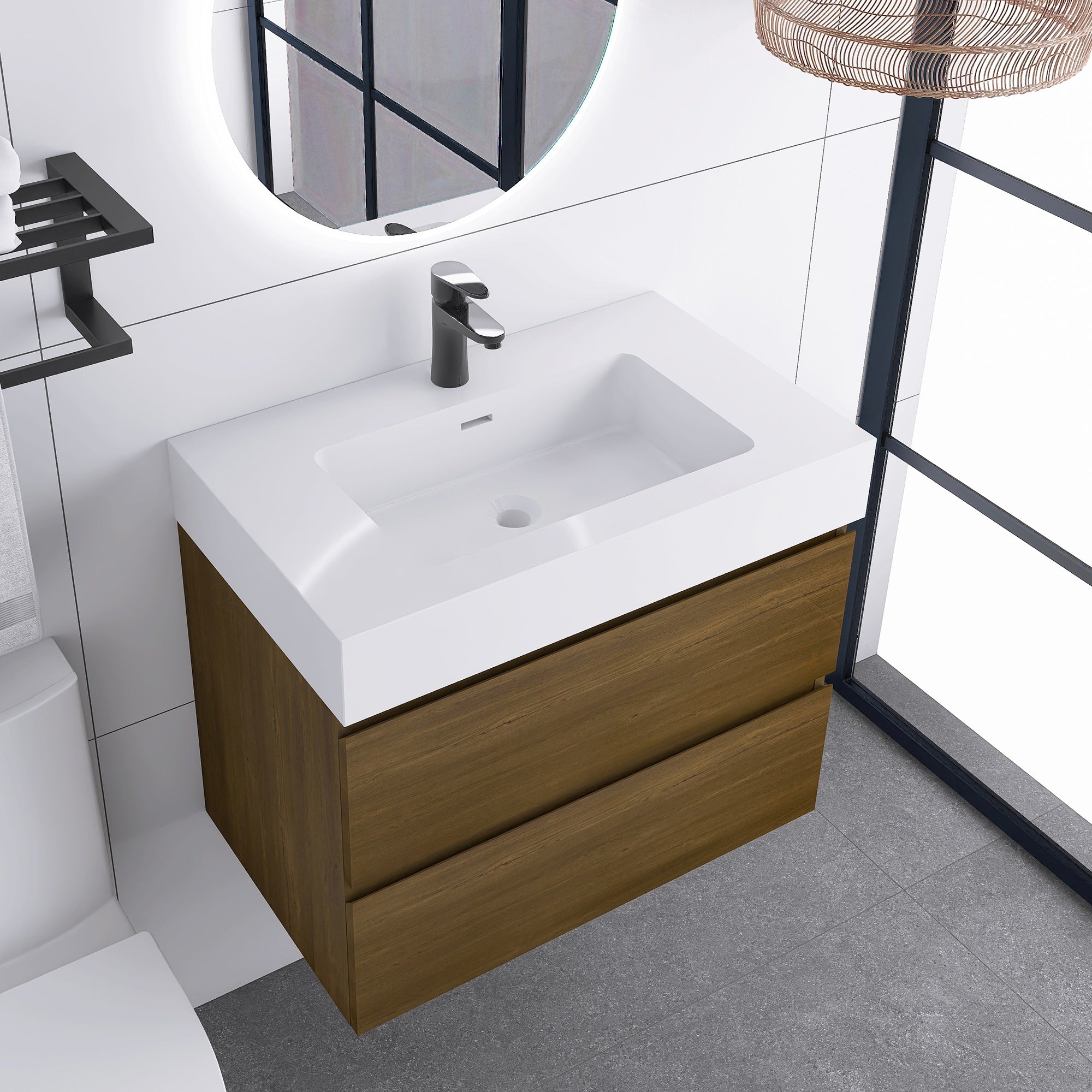 Wall-Mounted Bathroom Vanity Set with 2 Drawers and Solid surface Sink