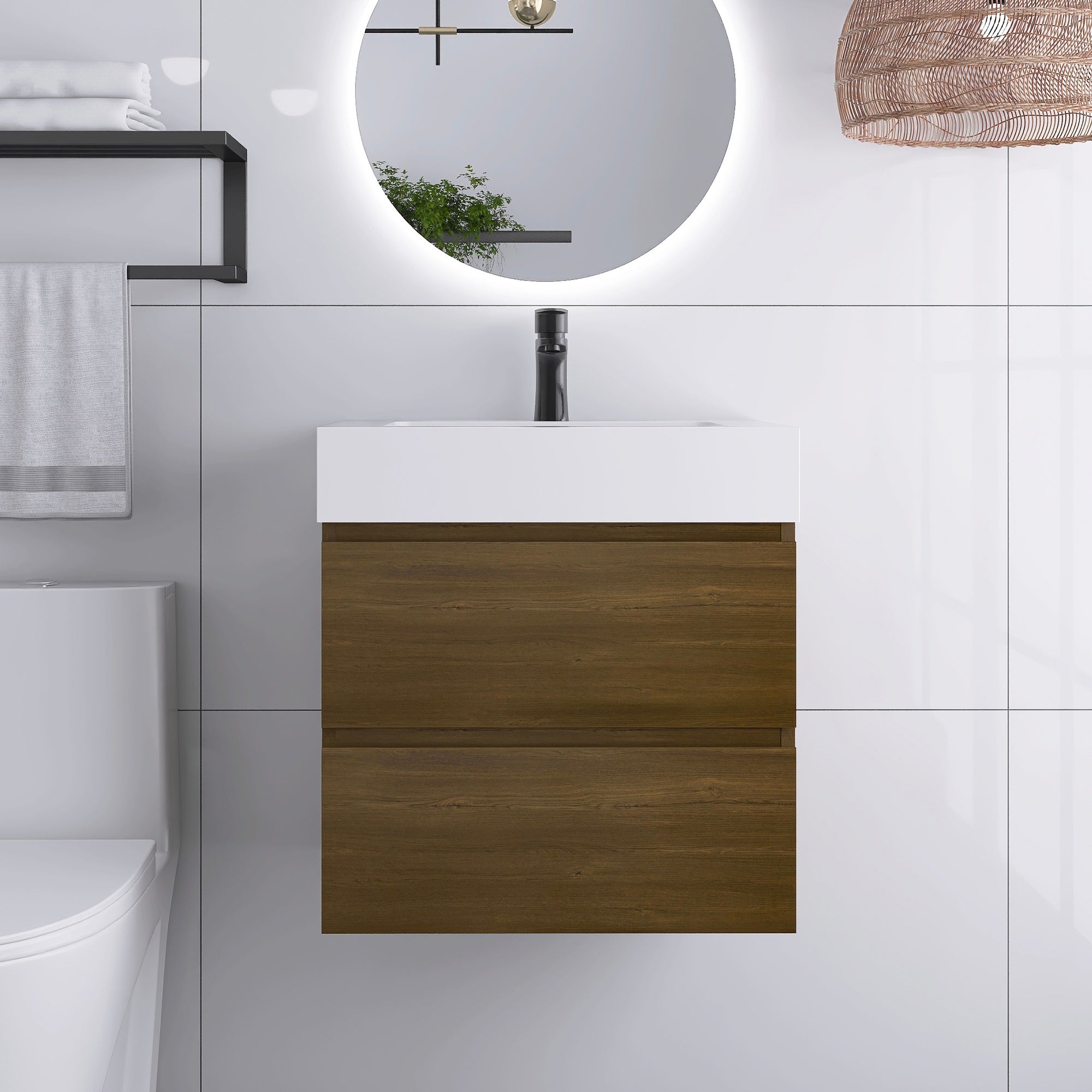 Wall-Mounted Bathroom Vanity Set with 2 Drawers and Solid surface Sink