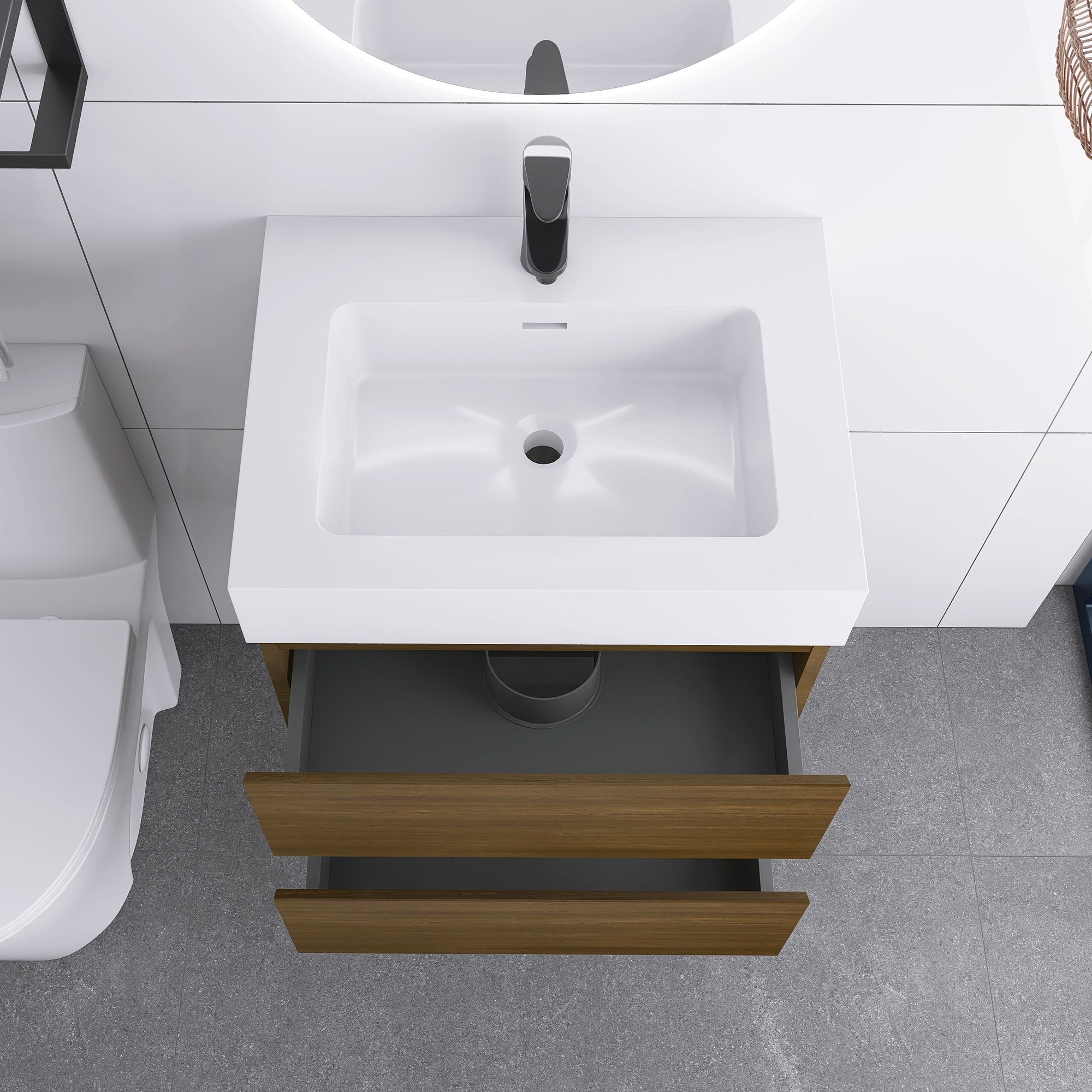 Wall-Mounted Bathroom Vanity Set with 2 Drawers and Solid surface Sink