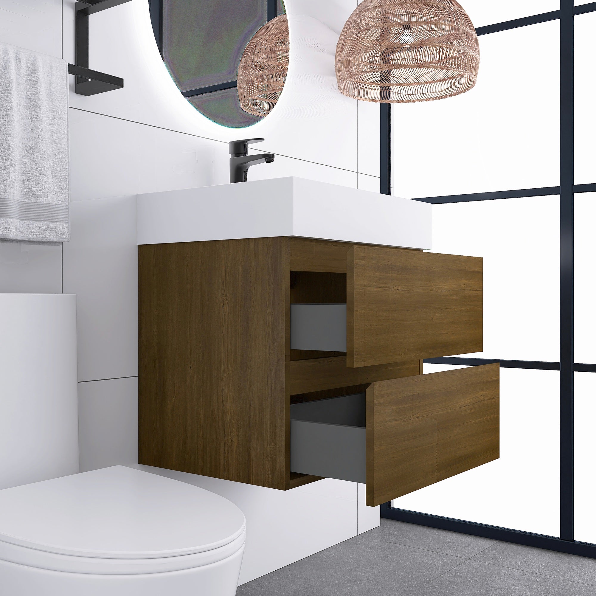 Wall-Mounted Bathroom Vanity Set with 2 Drawers and Solid surface Sink