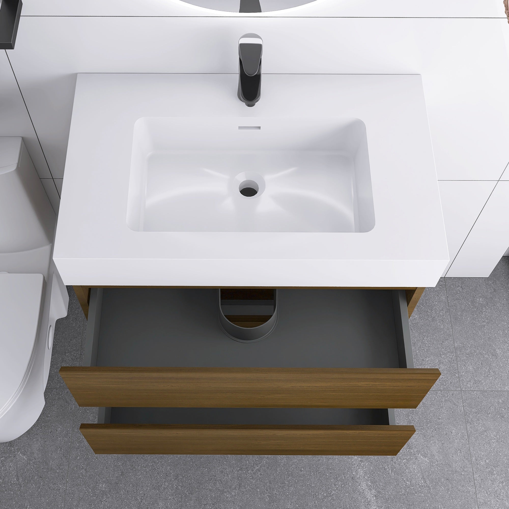 Wall-Mounted Bathroom Vanity Set with 2 Drawers and Solid surface Sink