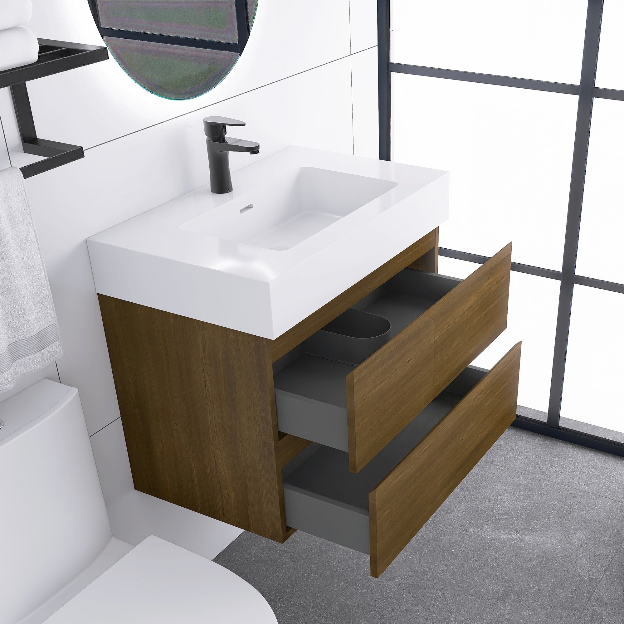 Wall-Mounted Bathroom Vanity Set with 2 Drawers and Solid surface Sink