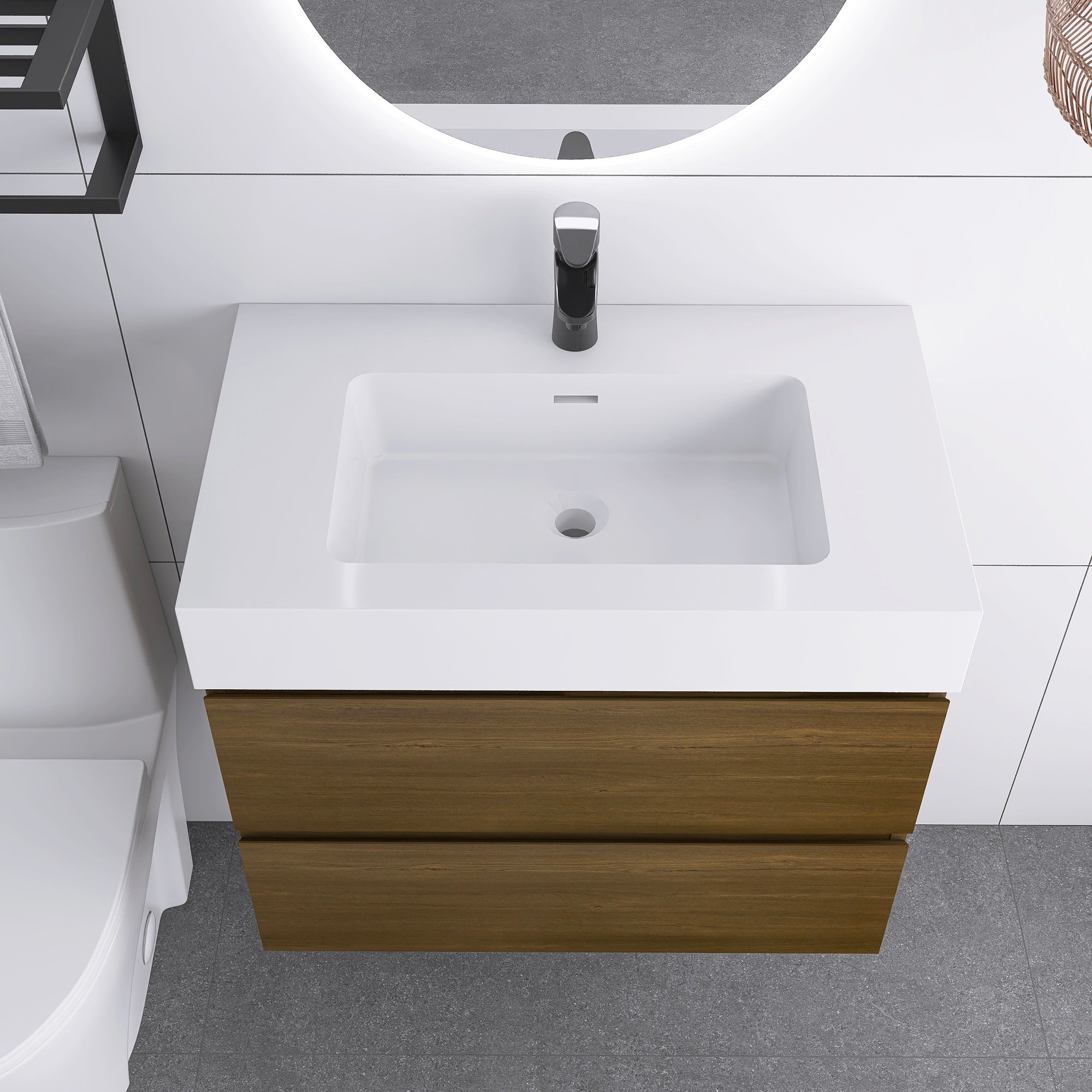 Wall-Mounted Bathroom Vanity Set with 2 Drawers and Solid surface Sink