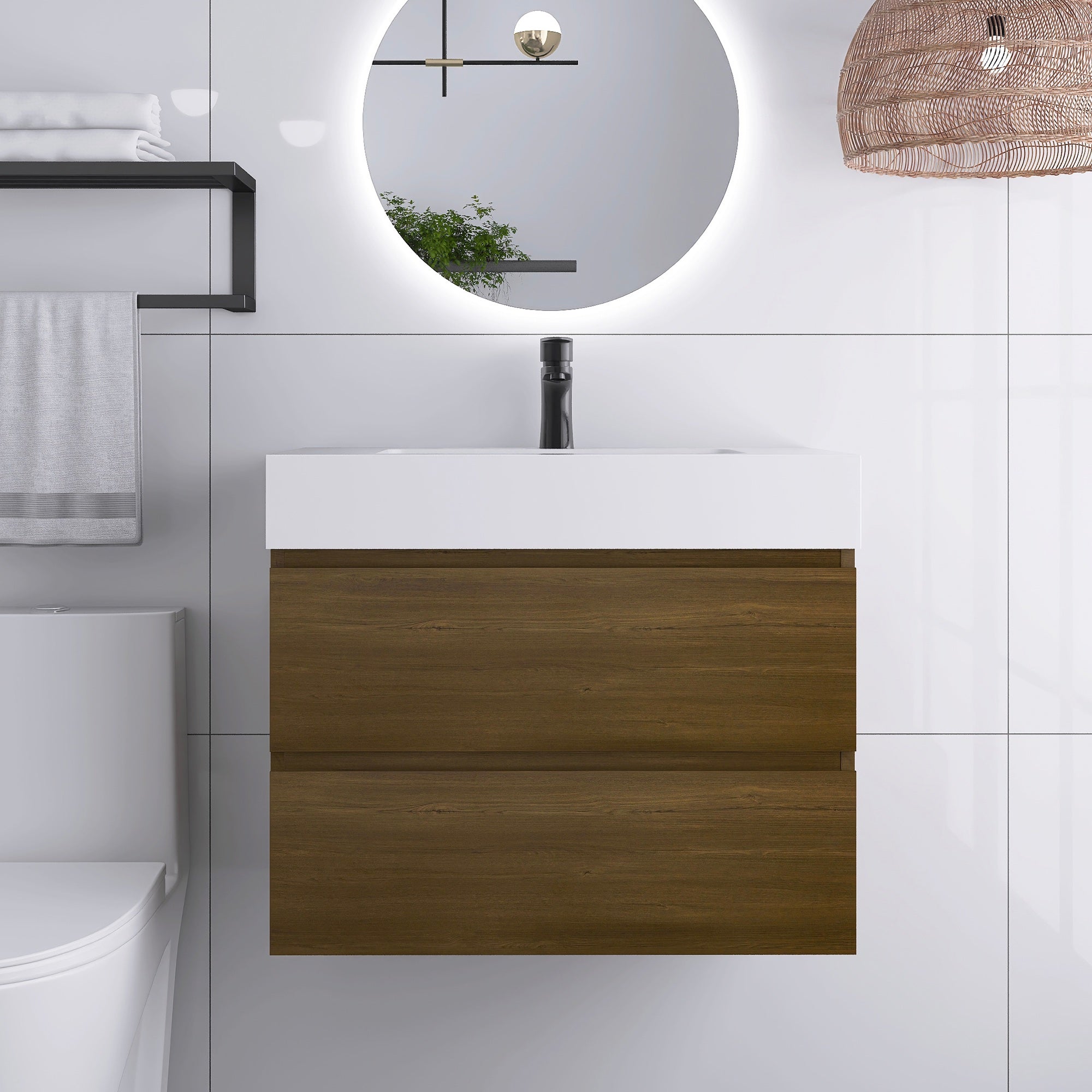 Wall-Mounted Bathroom Vanity Set with 2 Drawers and Solid surface Sink