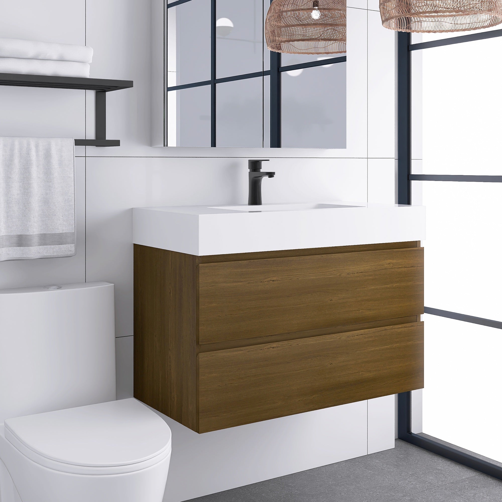 Wall-Mounted Bathroom Vanity Set with 2 Drawers and Solid surface Sink