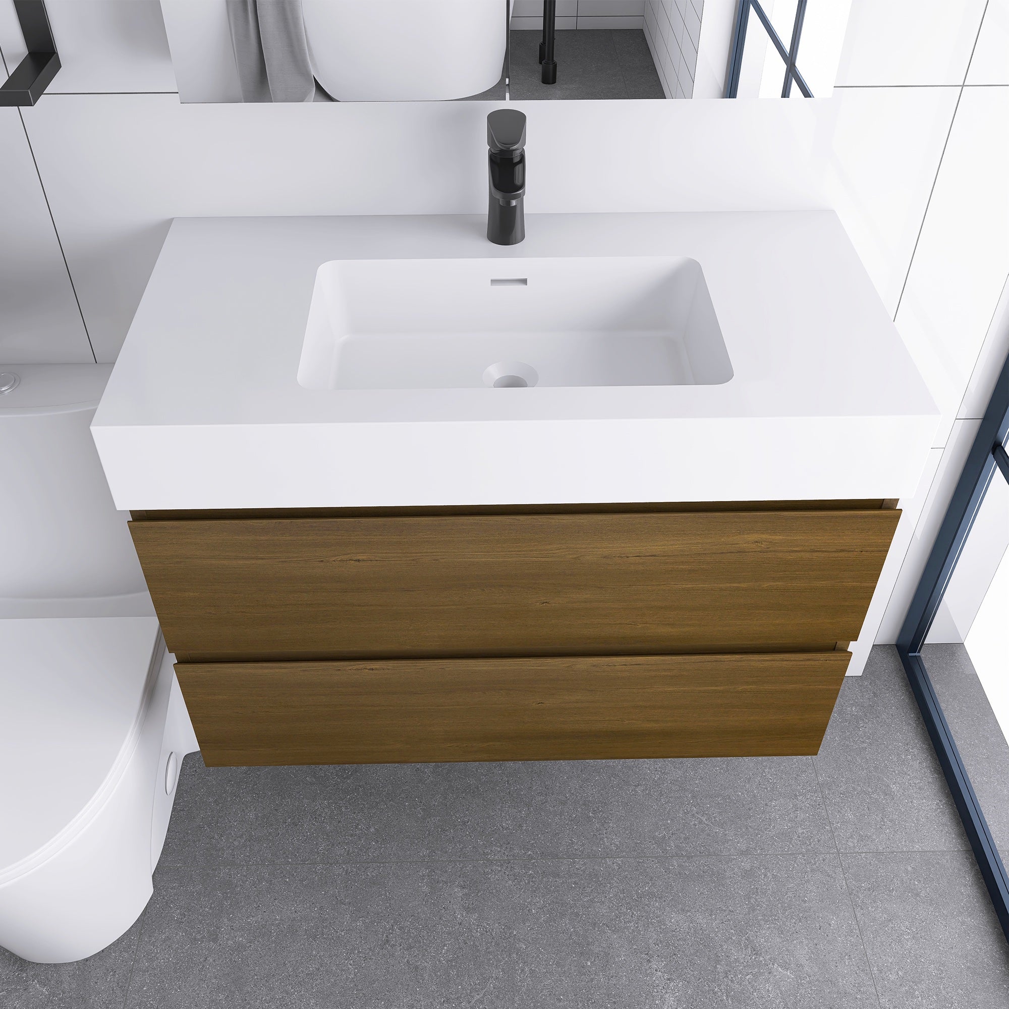 Wall-Mounted Bathroom Vanity Set with 2 Drawers and Solid surface Sink