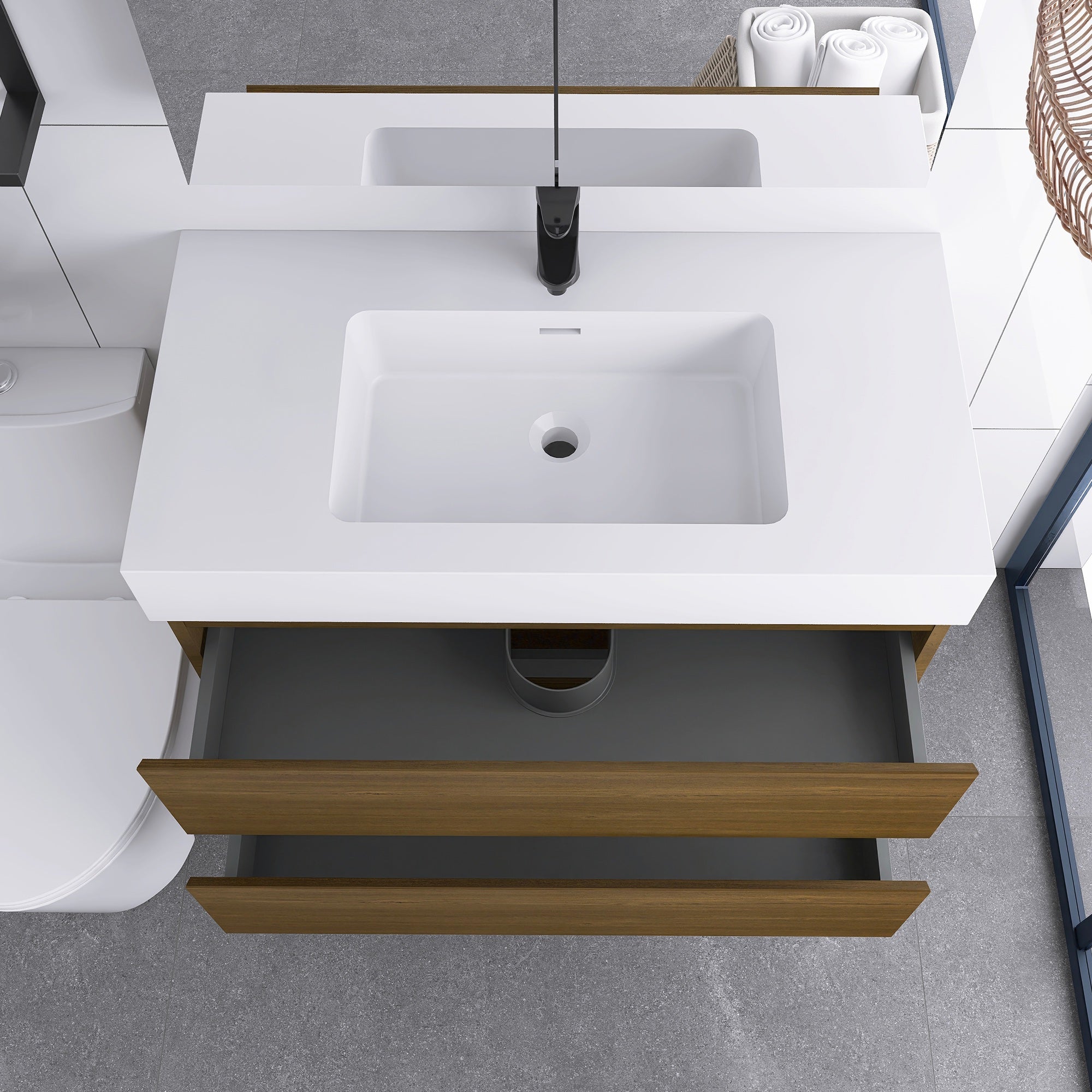 Wall-Mounted Bathroom Vanity Set with 2 Drawers and Solid surface Sink