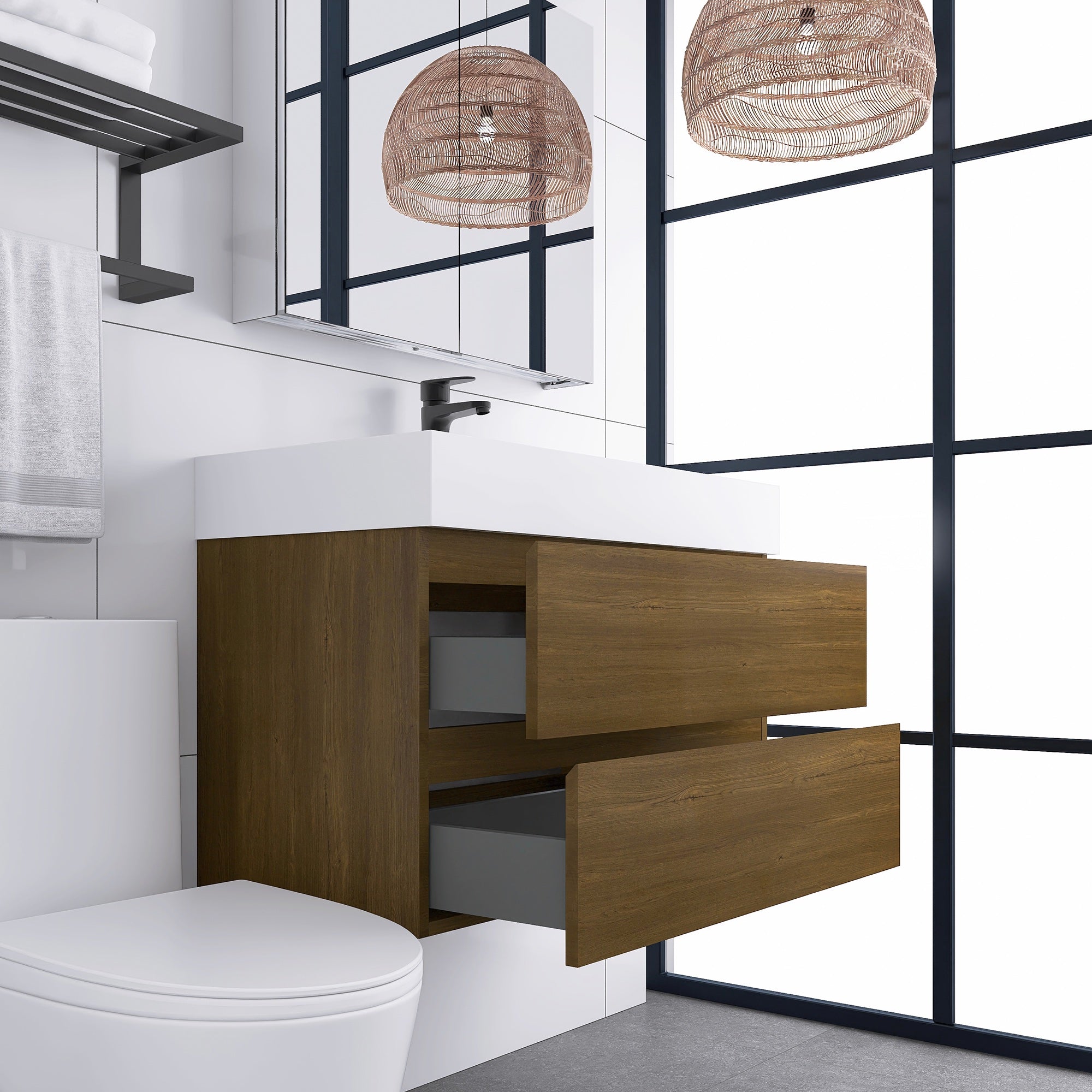 Wall-Mounted Bathroom Vanity Set with 2 Drawers and Solid surface Sink