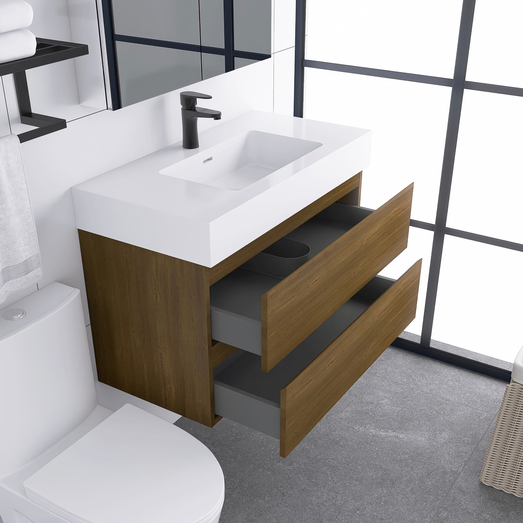 Wall-Mounted Bathroom Vanity Set with 2 Drawers and Solid surface Sink