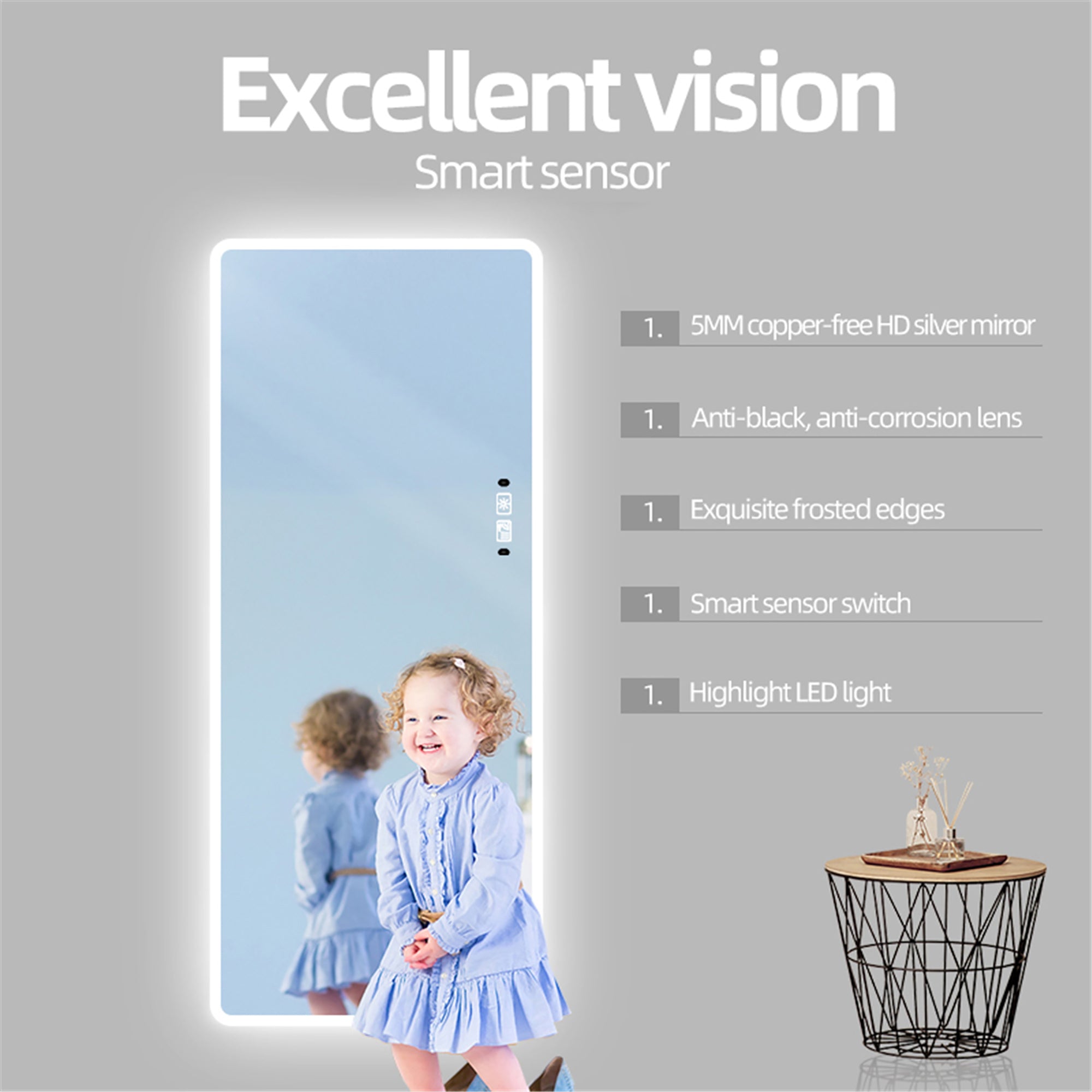 22 Inches Rectangular Frameless Wall Mounted LED Full Length Mirror