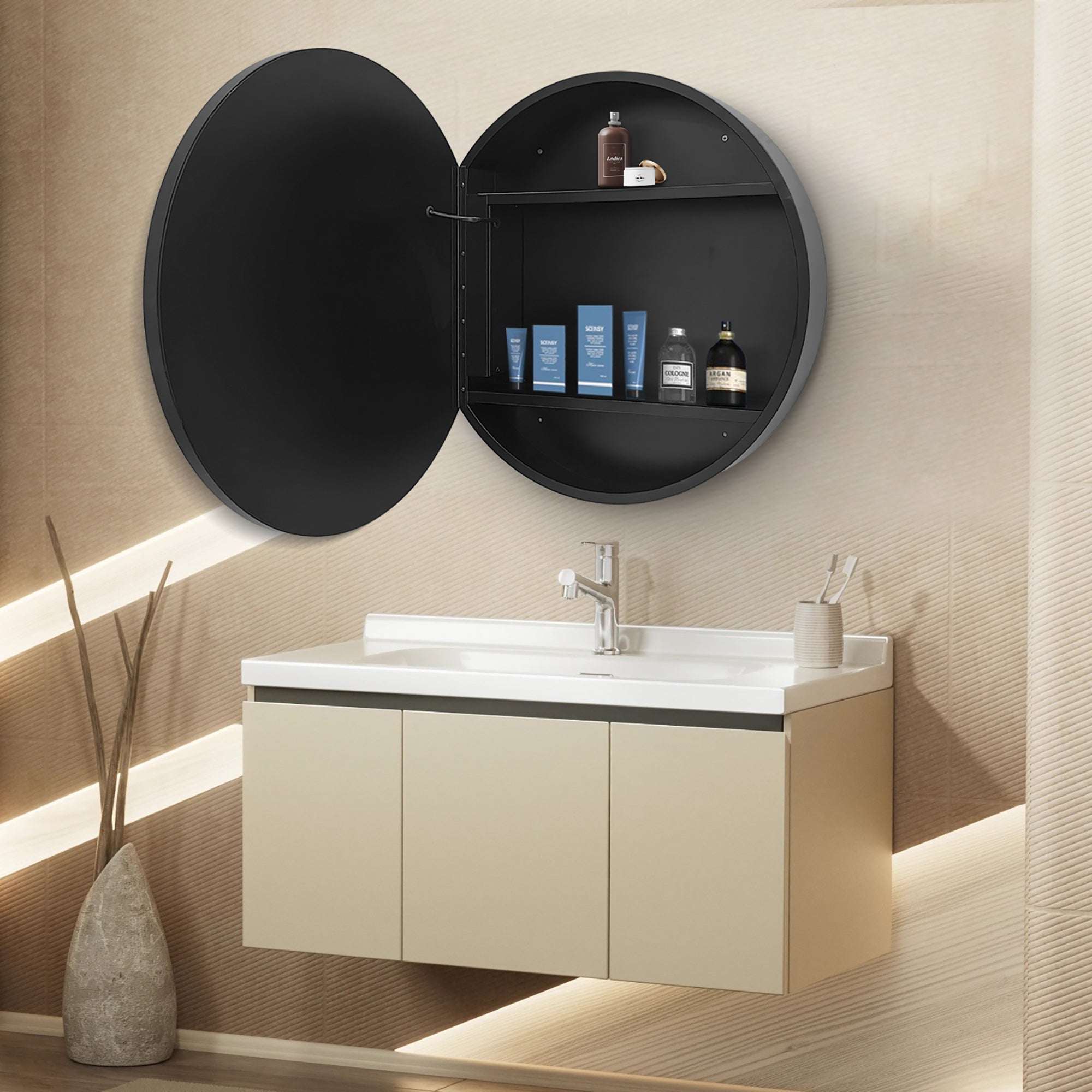 24" Round Aluminum Surface Mounted LED Medicine Cabinet with Doors and Shelves