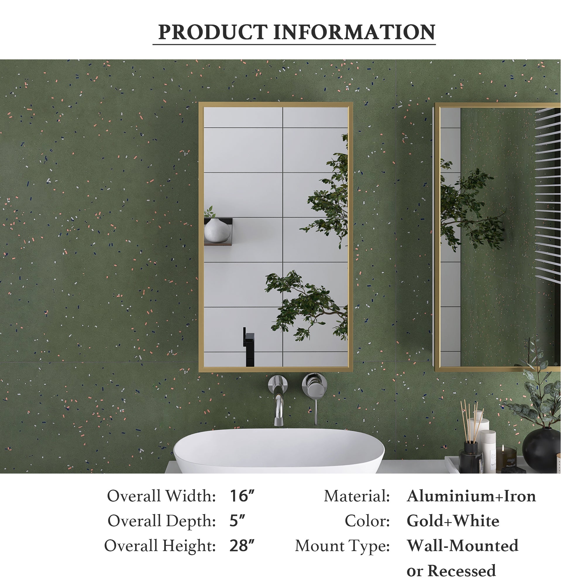 16" x 28" Wall Mounted Gold Framed Storage Bathroom Medicine Cabinet with Mirror