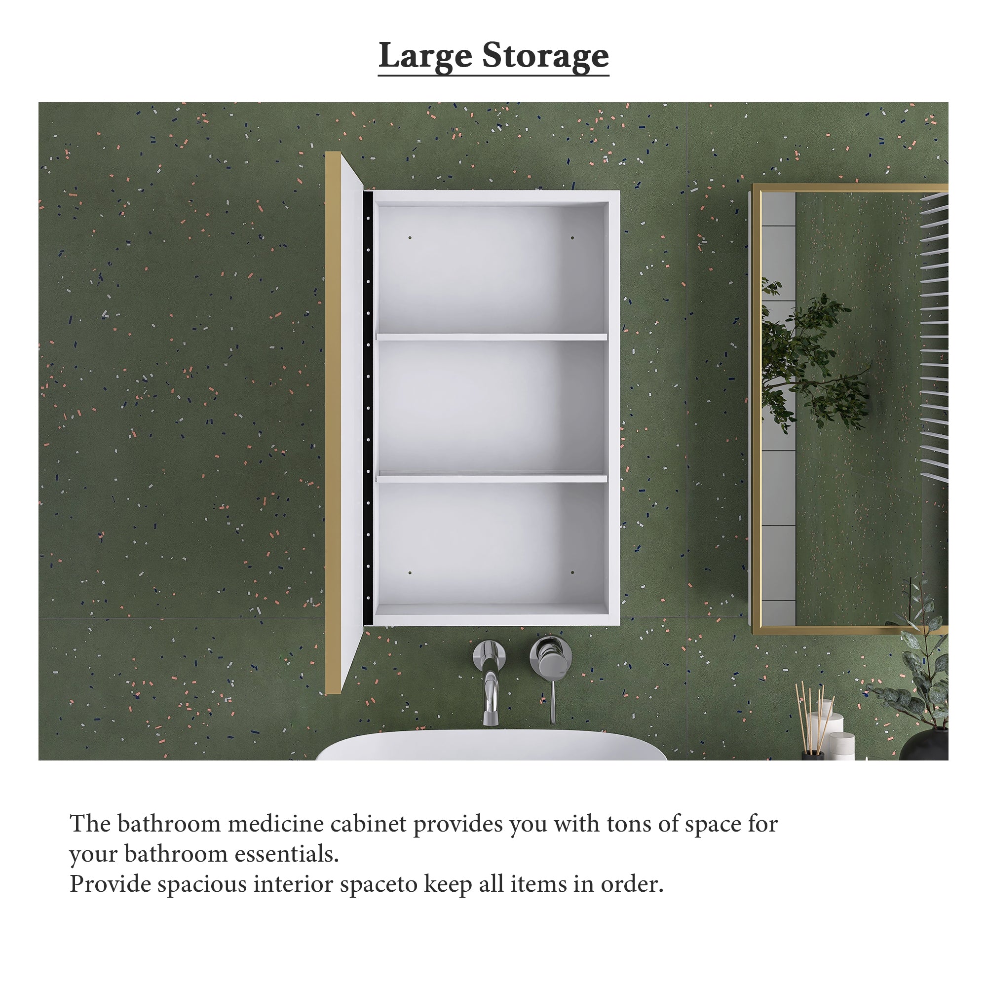 16" x 28" Wall Mounted Gold Framed Storage Bathroom Medicine Cabinet with Mirror