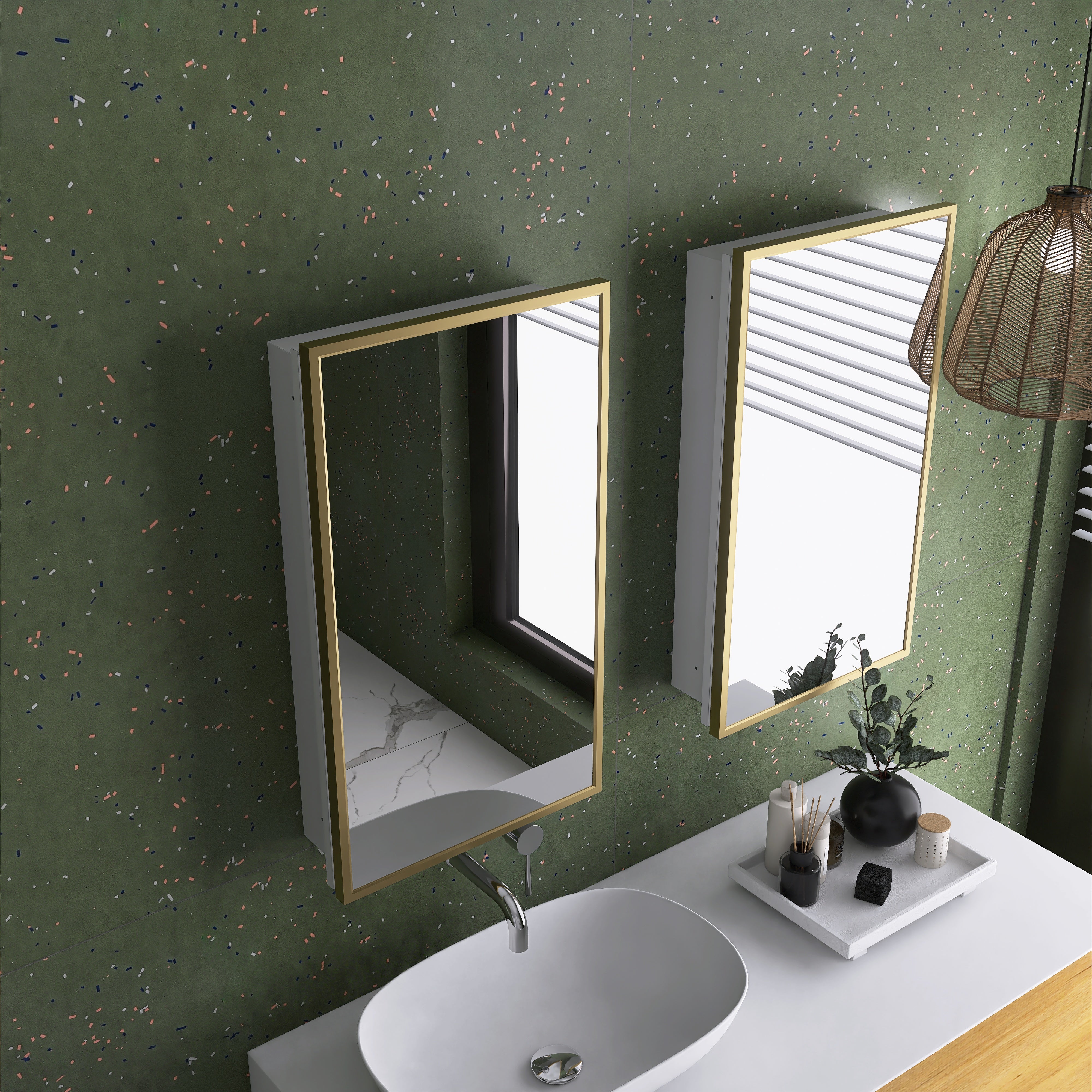 16" x 28" Wall Mounted Gold Framed Storage Bathroom Medicine Cabinet with Mirror