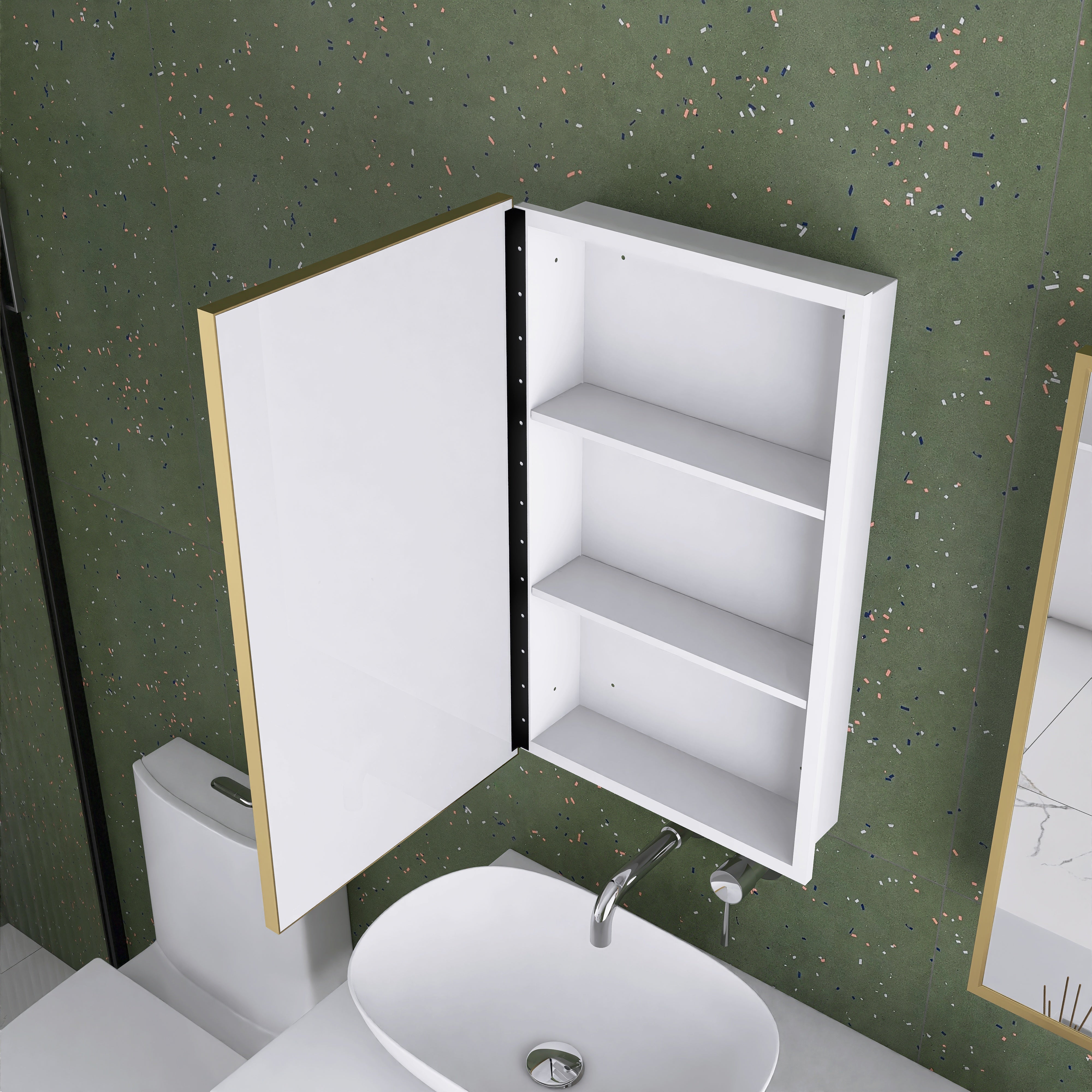 16" x 28" Wall Mounted Gold Framed Storage Bathroom Medicine Cabinet with Mirror