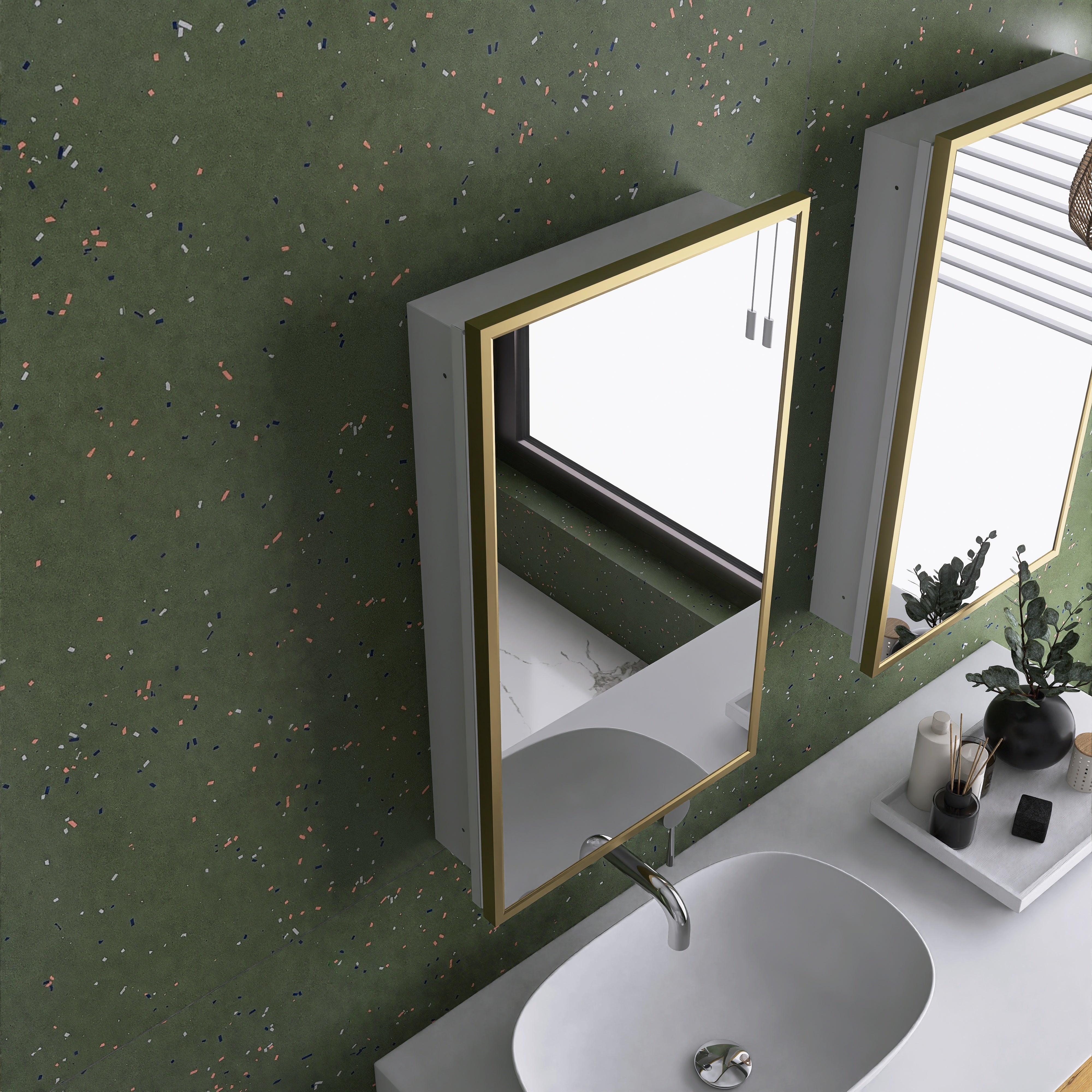 16" x 28" Wall Mounted Gold Framed Storage Bathroom Medicine Cabinet with Mirror
