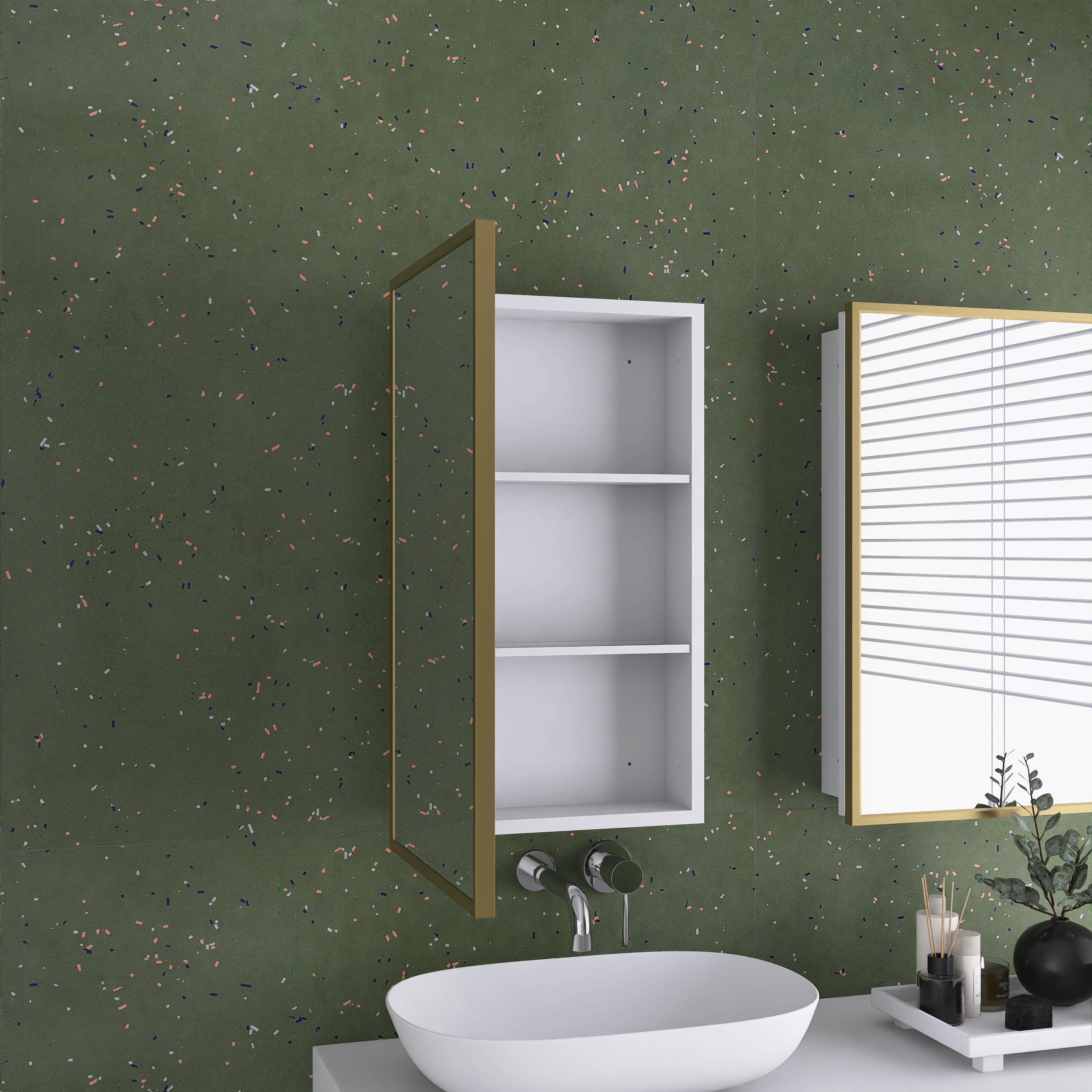 16" x 28" Wall Mounted Gold Framed Storage Bathroom Medicine Cabinet with Mirror