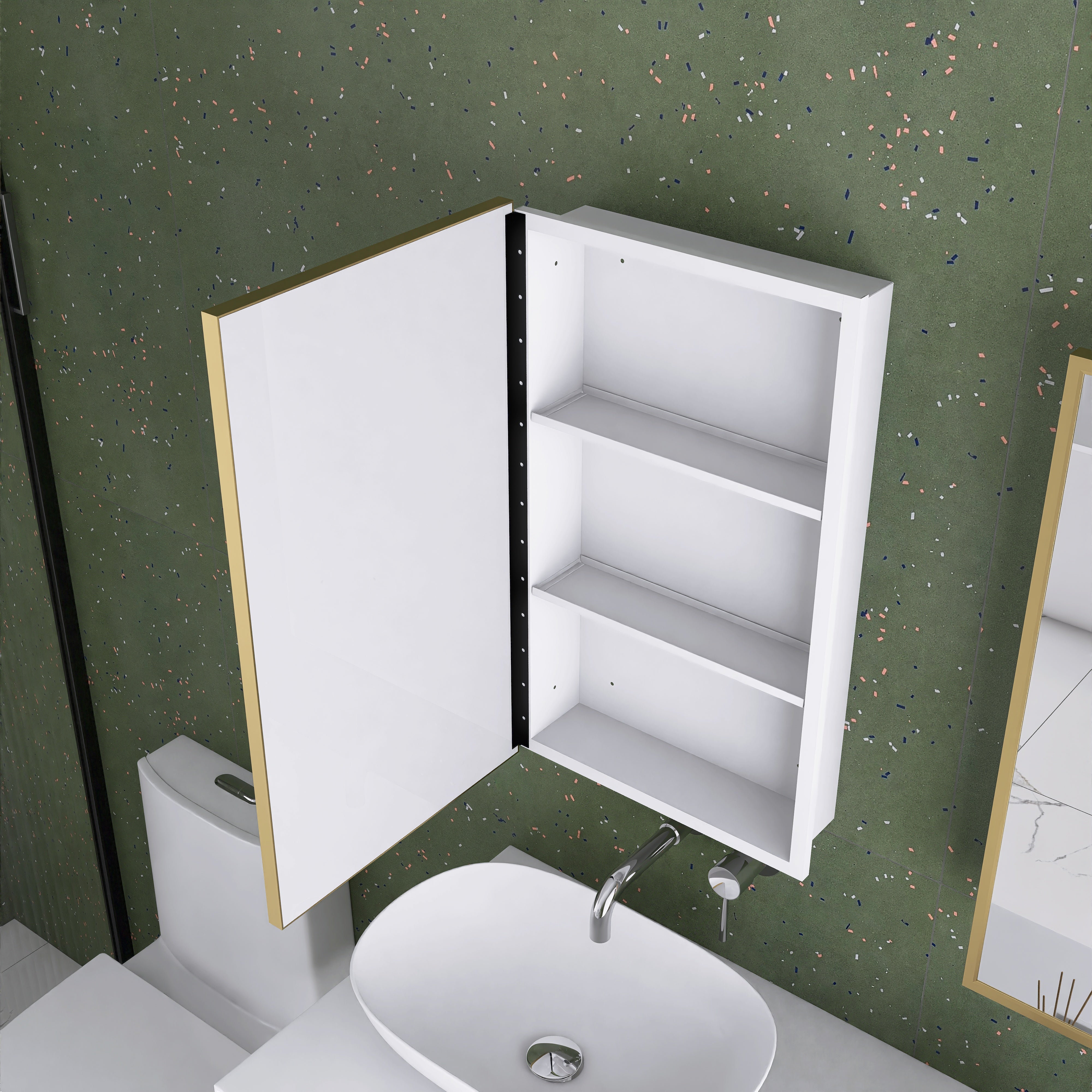 16" x 28" Wall Mounted Gold Framed Storage Bathroom Medicine Cabinet with Mirror