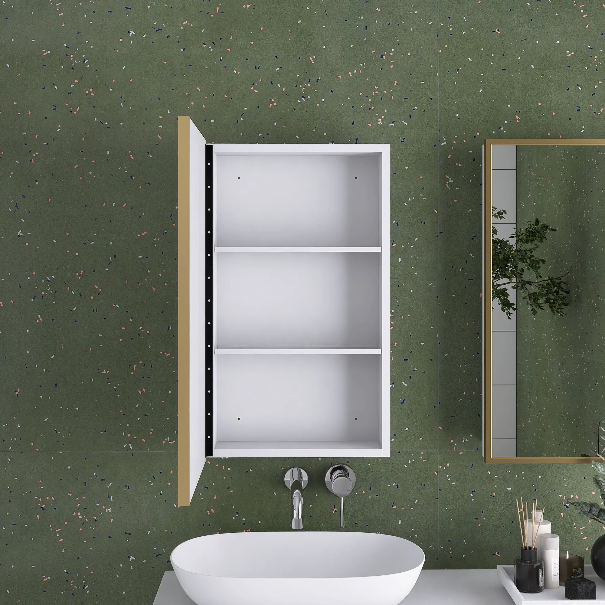 16" x 28" Wall Mounted Gold Framed Storage Bathroom Medicine Cabinet with Mirror