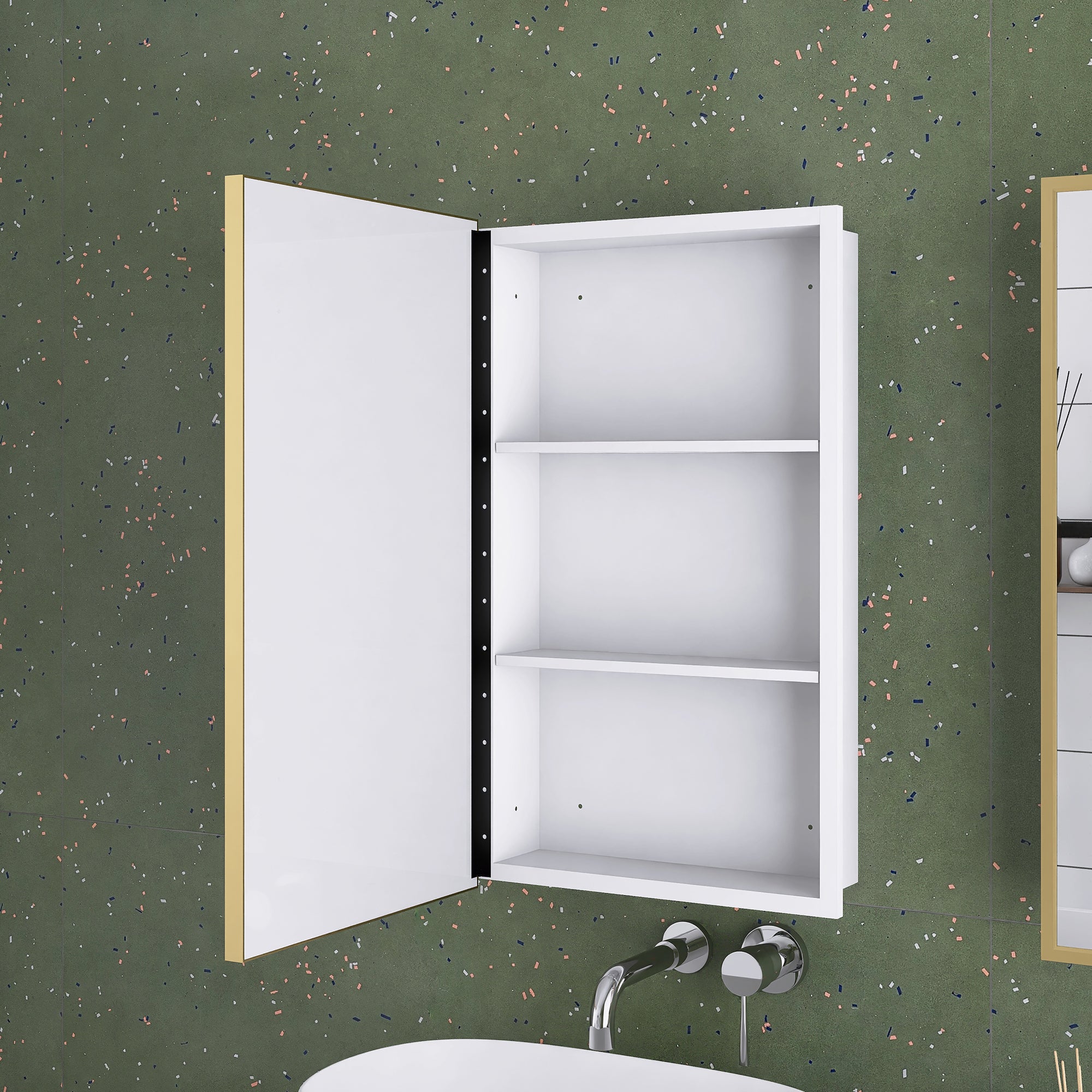 16" x 28" Wall Mounted Gold Framed Storage Bathroom Medicine Cabinet with Mirror
