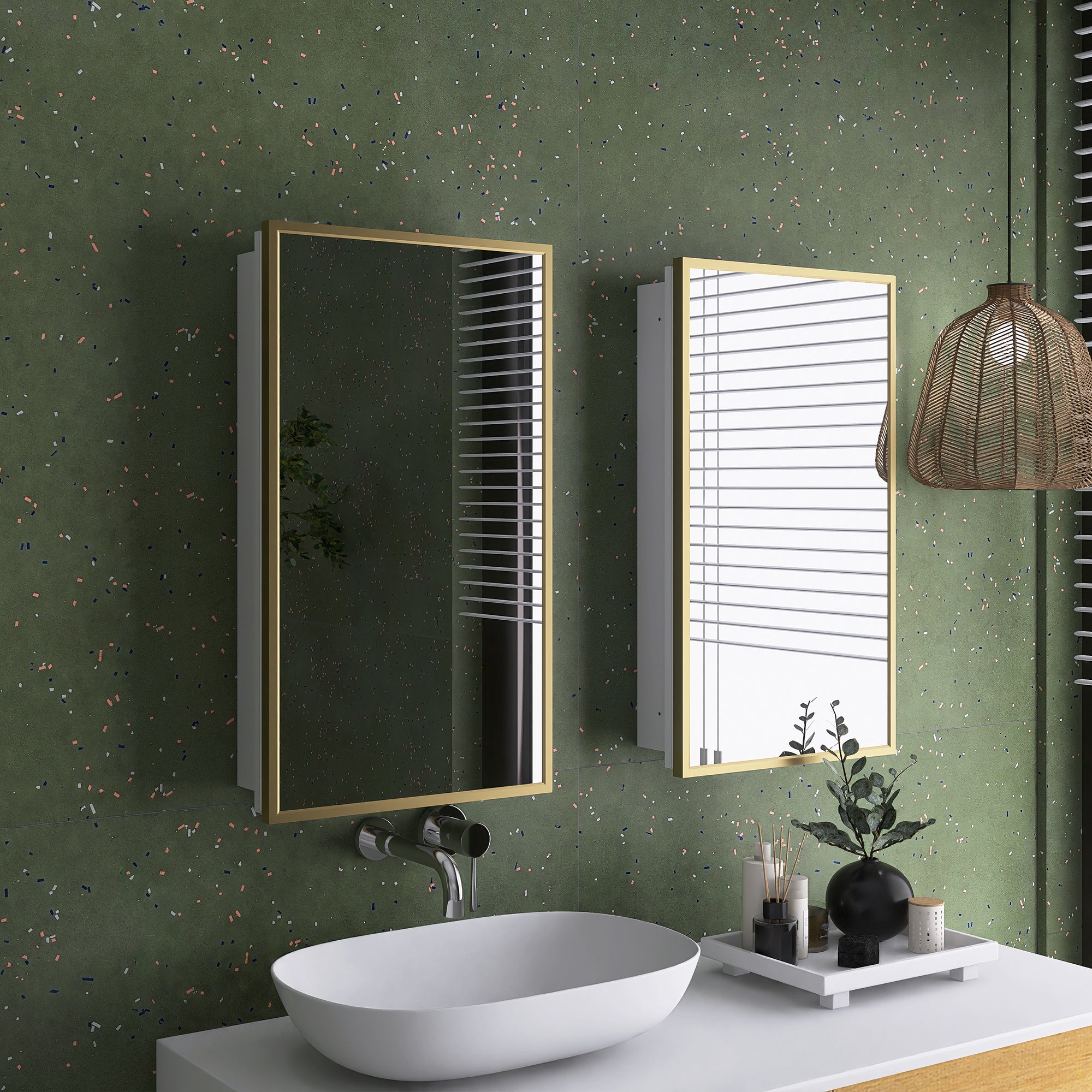16" x 28" Wall Mounted Gold Framed Storage Bathroom Medicine Cabinet with Mirror