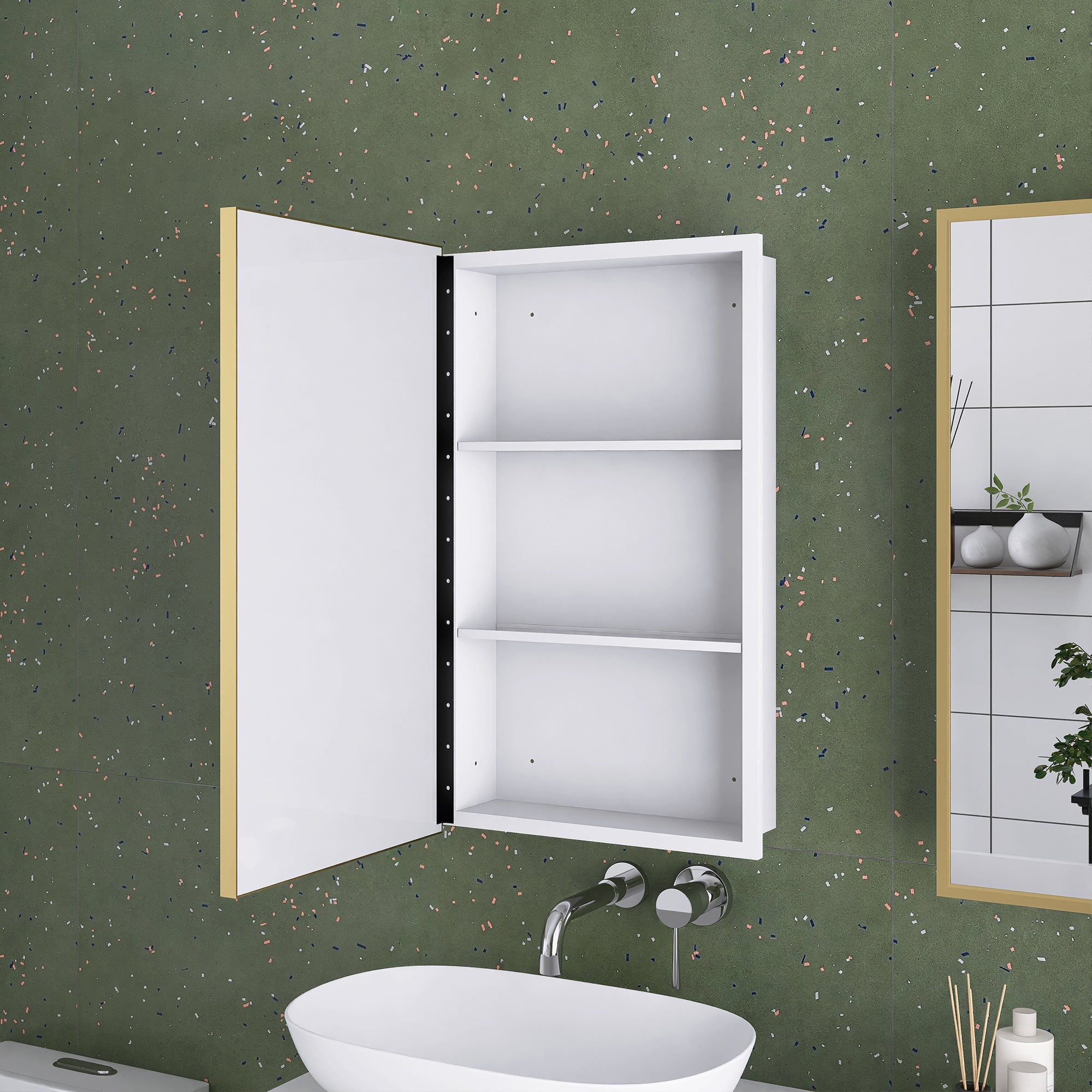 16" x 28" Wall Mounted Gold Framed Storage Bathroom Medicine Cabinet with Mirror